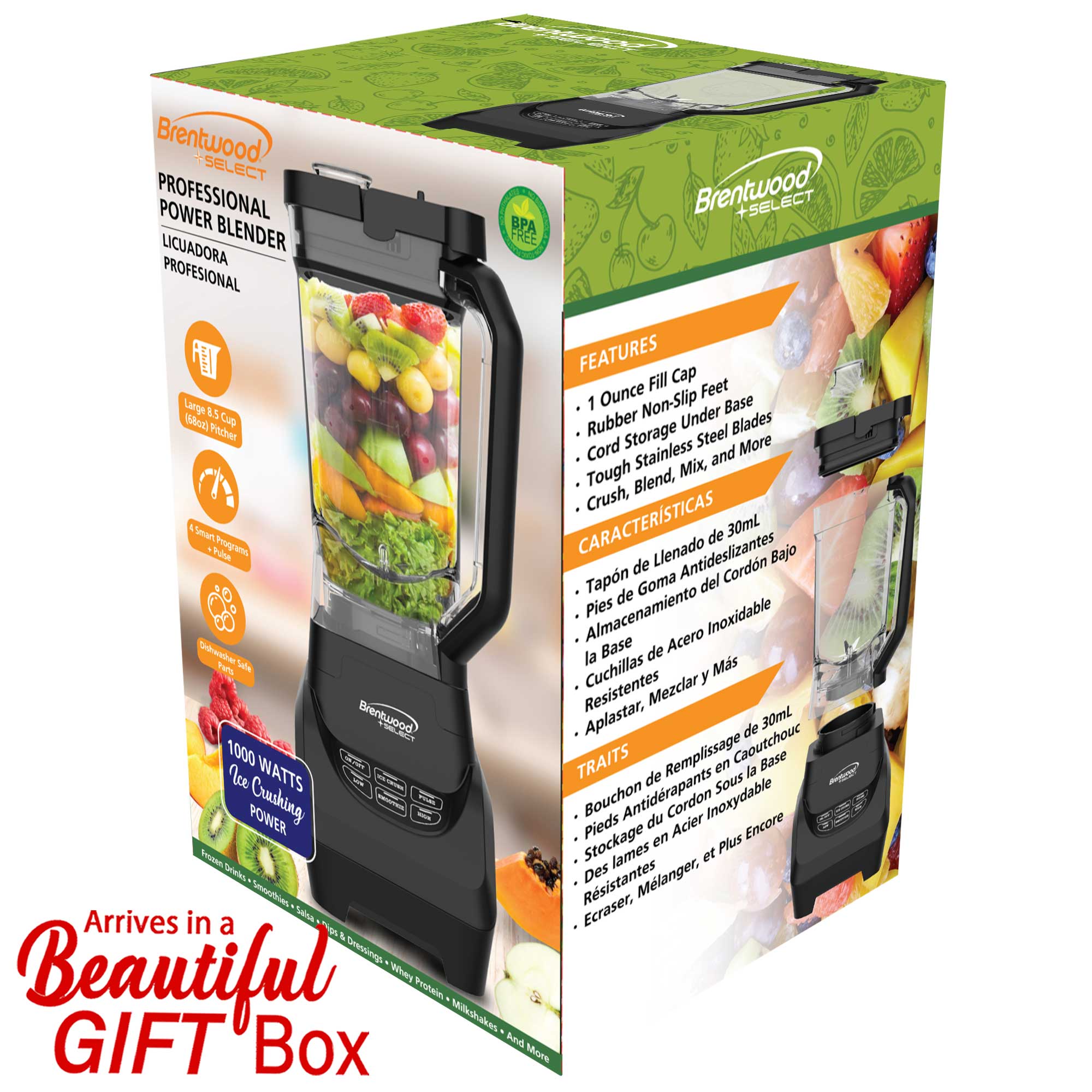 Brentwood Select JBS-1000BK Professional Smart Blender with 1000w Ice Crushing Power, Large 8.5-Cup Plastic Jar, Stainless Steel Blades, Non-Slip Base, Dishwasher-Safe Parts, Black