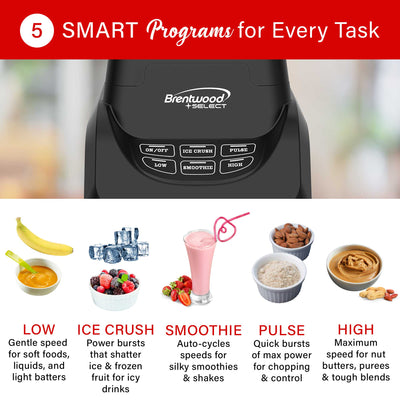 Brentwood Select JBS-1000BK Professional Smart Blender with 1000w Ice Crushing Power, Large 8.5-Cup Plastic Jar, Stainless Steel Blades, Non-Slip Base, Dishwasher-Safe Parts, Black