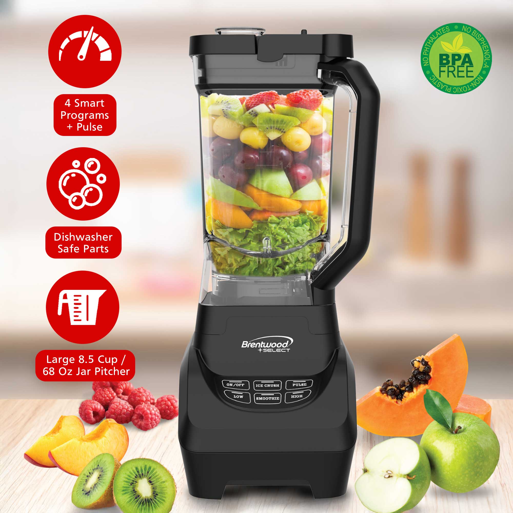 Brentwood Select JBS-1000BK Professional Smart Blender with 1000w Ice Crushing Power, Large 8.5-Cup Plastic Jar, Stainless Steel Blades, Non-Slip Base, Dishwasher-Safe Parts, Black