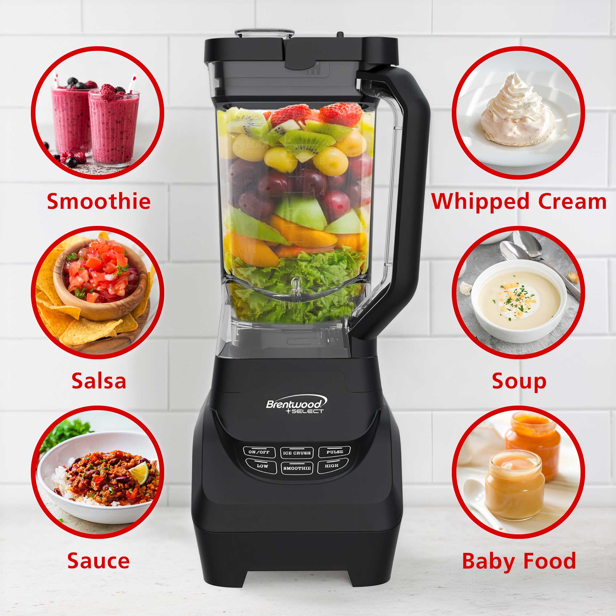 Brentwood Select JBS-1000BK Professional Smart Blender with 1000w Ice Crushing Power, Large 8.5-Cup Plastic Jar, Stainless Steel Blades, Non-Slip Base, Dishwasher-Safe Parts, Black