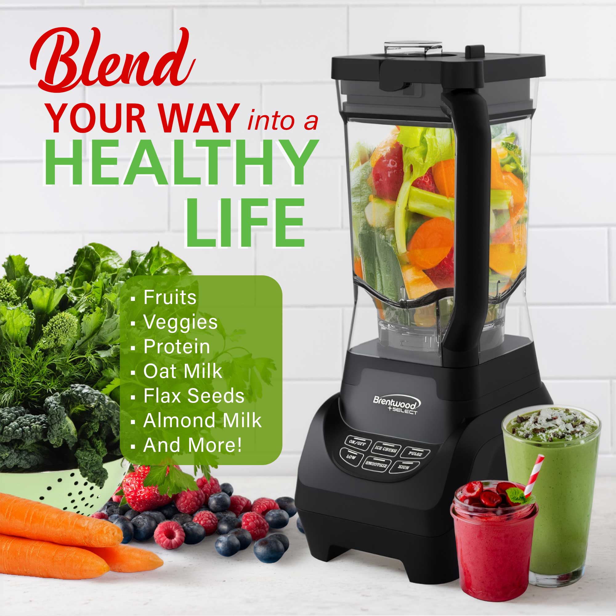 Brentwood Select JBS-1000BK Professional Smart Blender with 1000w Ice Crushing Power, Large 8.5-Cup Plastic Jar, Stainless Steel Blades, Non-Slip Base, Dishwasher-Safe Parts, Black