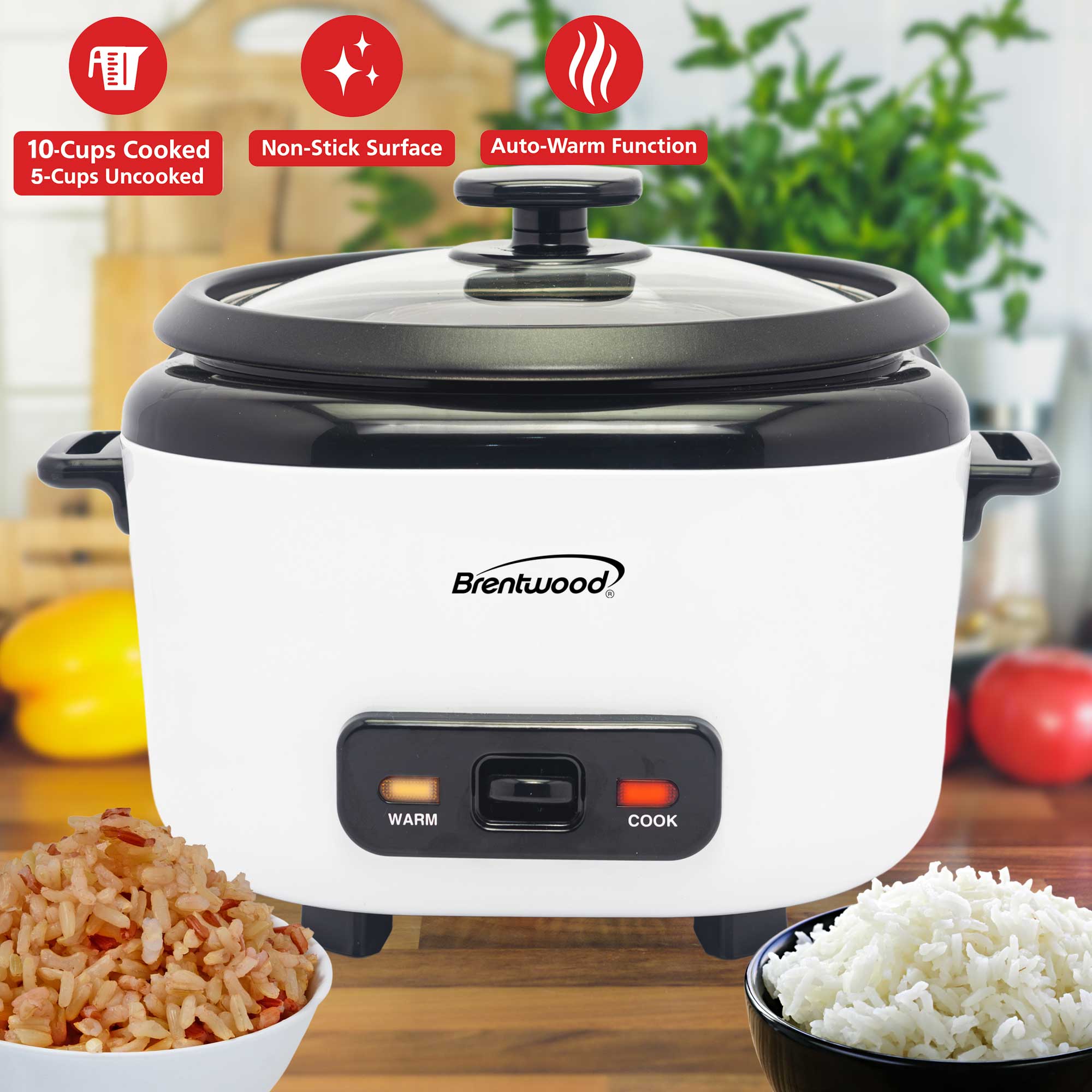 Brentwood RC-5010W 10-Cups Cooked/5-Cups Uncooked Rice Cooker with Steam Tray, Measuring Cup, and Spatula, White