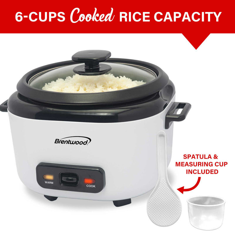 Brentwood RC-5006W 6-Cups Cooked/3-Cups Uncooked Rice Cooker with Steam Tray, Measuring Cup, and Spatula, White