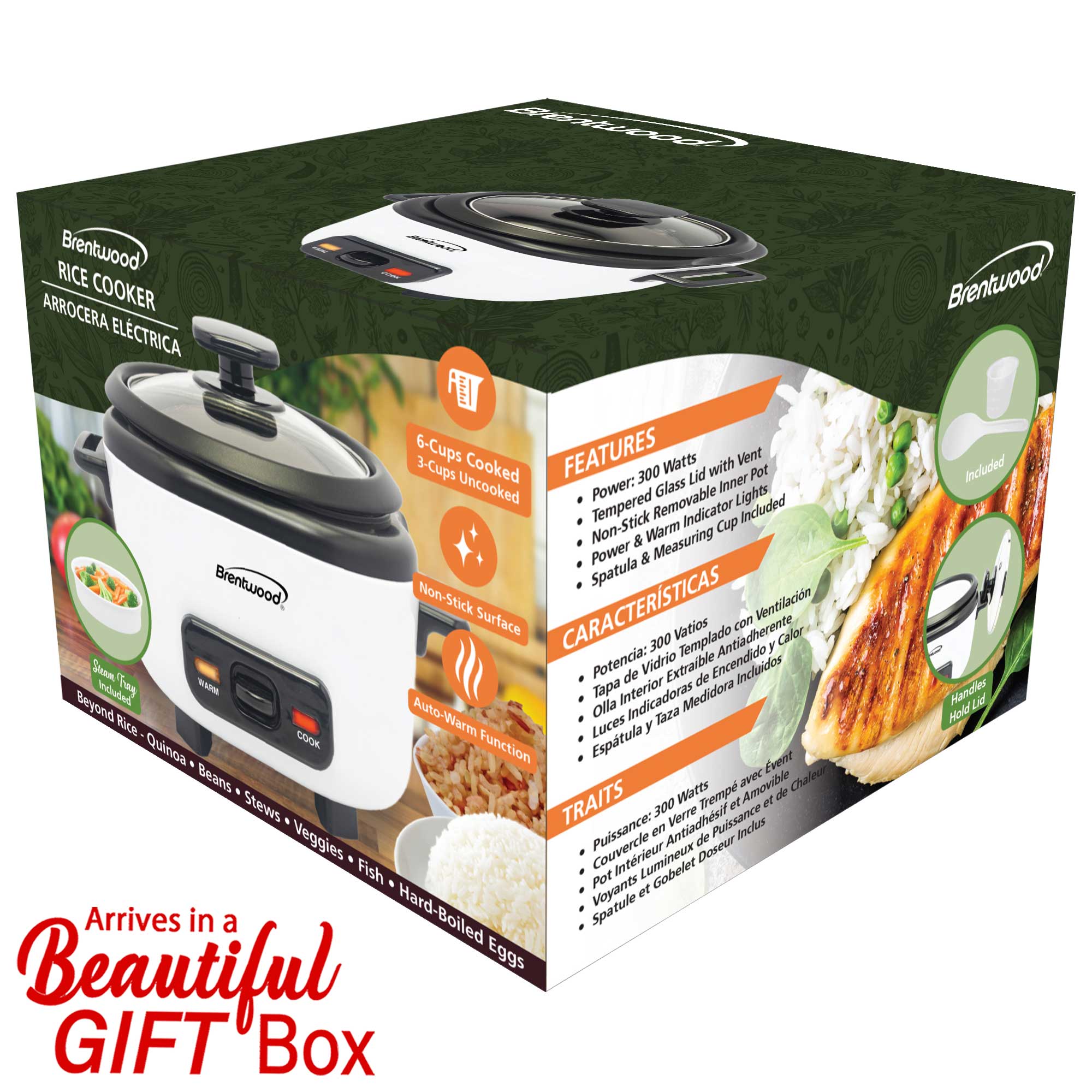 Brentwood RC-5006W 6-Cups Cooked/3-Cups Uncooked Rice Cooker with Steam Tray, Measuring Cup, and Spatula, White