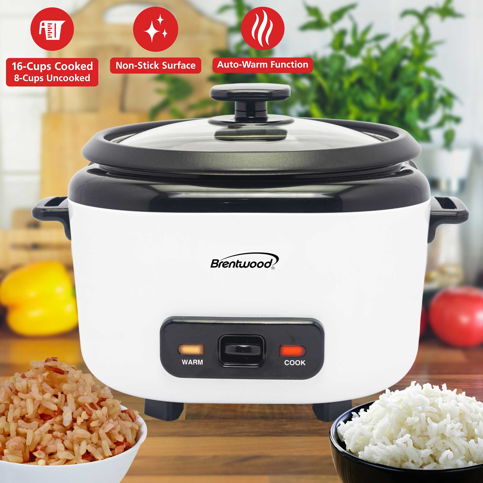Brentwood RC-5016W 16-Cup Cooked/8-Cup Uncooked Rice Cooker with Steam Tray, Measuring Cup, and Spatula, White
