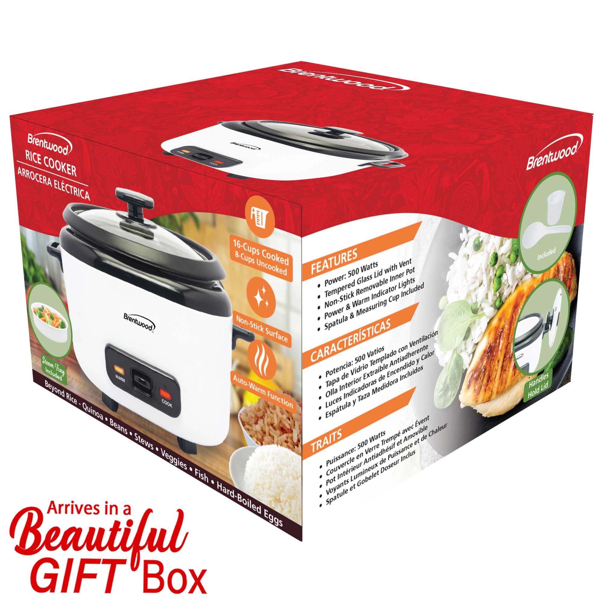 Brentwood RC-5016W 16-Cup Cooked/8-Cup Uncooked Rice Cooker with Steam Tray, Measuring Cup, and Spatula, White