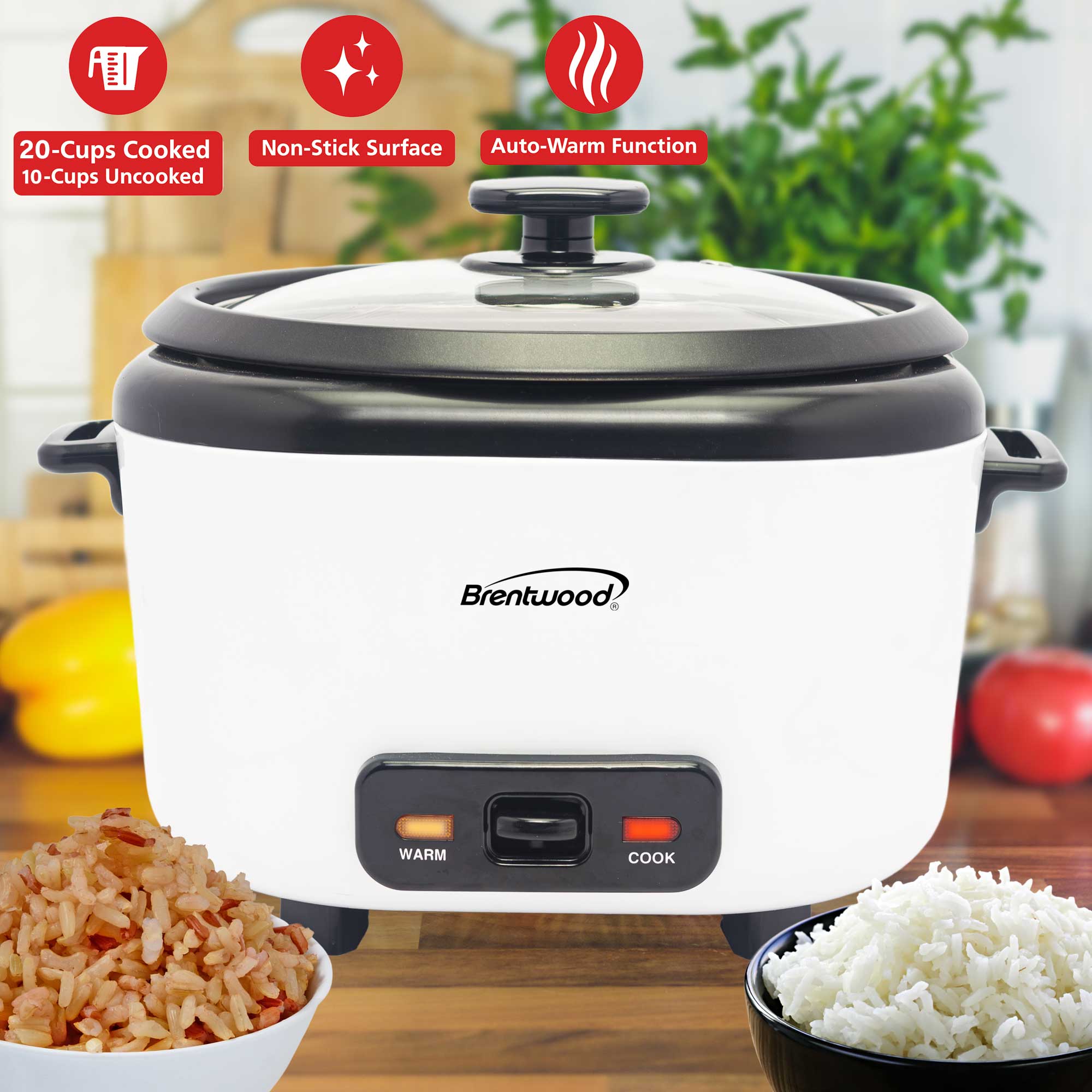 Brentwood RC-5020W 20-Cups Cooked/10-Cups Uncooked Rice Cooker with Steam Tray, Measuring Cup, and Spatula, White