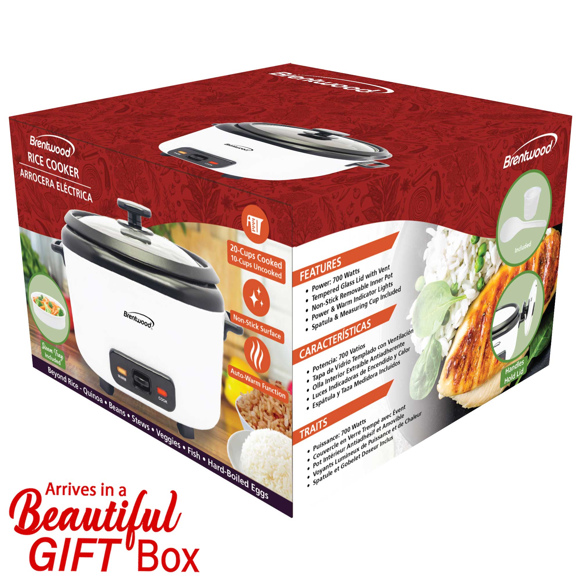 Brentwood RC-5020W 20-Cups Cooked/10-Cups Uncooked Rice Cooker with Steam Tray, Measuring Cup, and Spatula, White