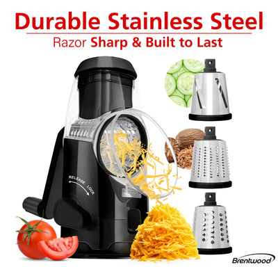 Brentwood KA-5060BK Rotary Cheese, Vegetable, Nut Grater, Shredder, and Slicer, with Handle and Stainless Steel Drum Blades, Black