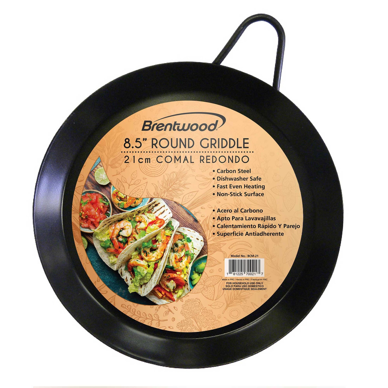 Brentwood BCM-21 8.5-Inch Carbon Steel Non-Stick Round Comal Griddle, Black