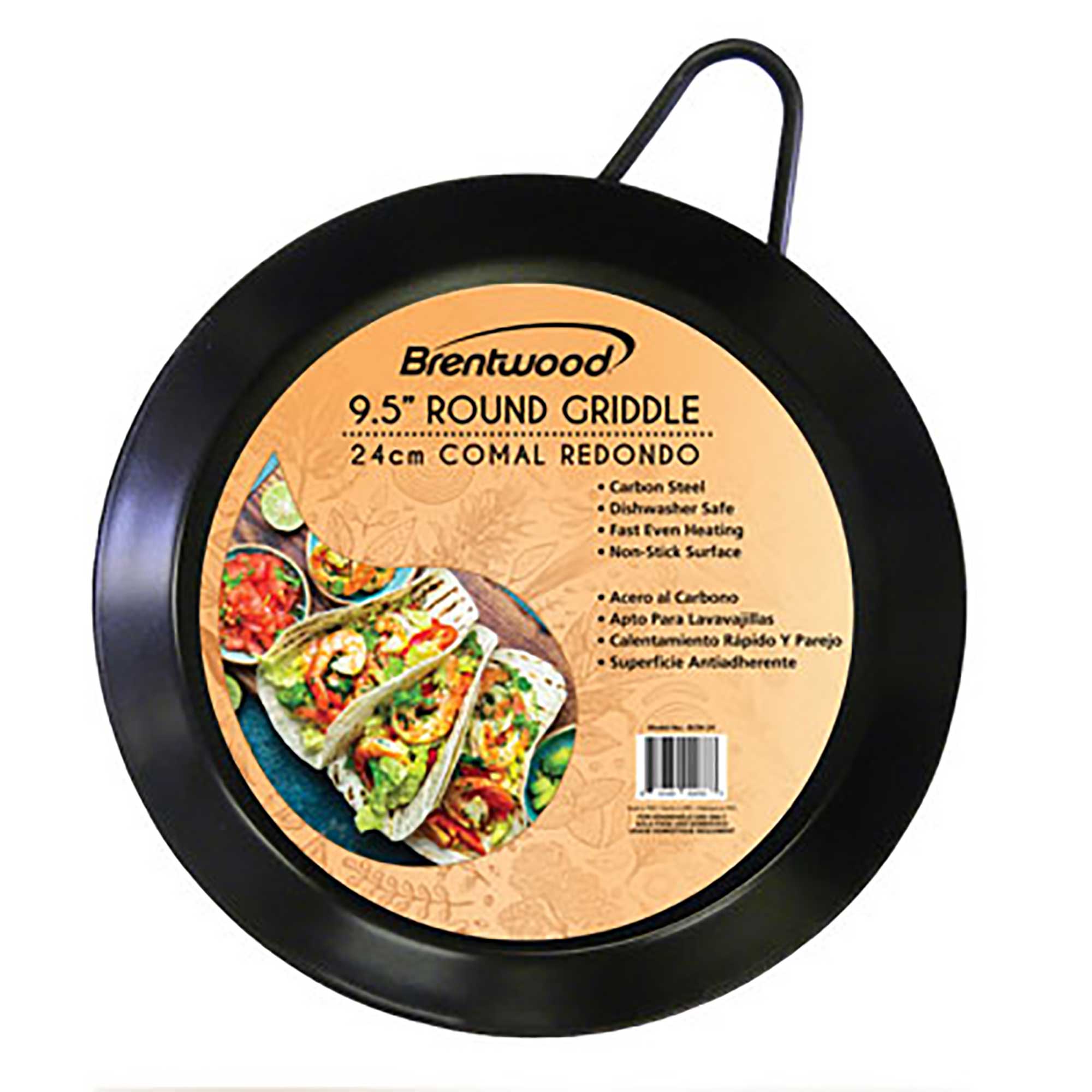 Brentwood BCM-24 9.5-Inch Carbon Steel Non-Stick Round Comal Griddle, Black