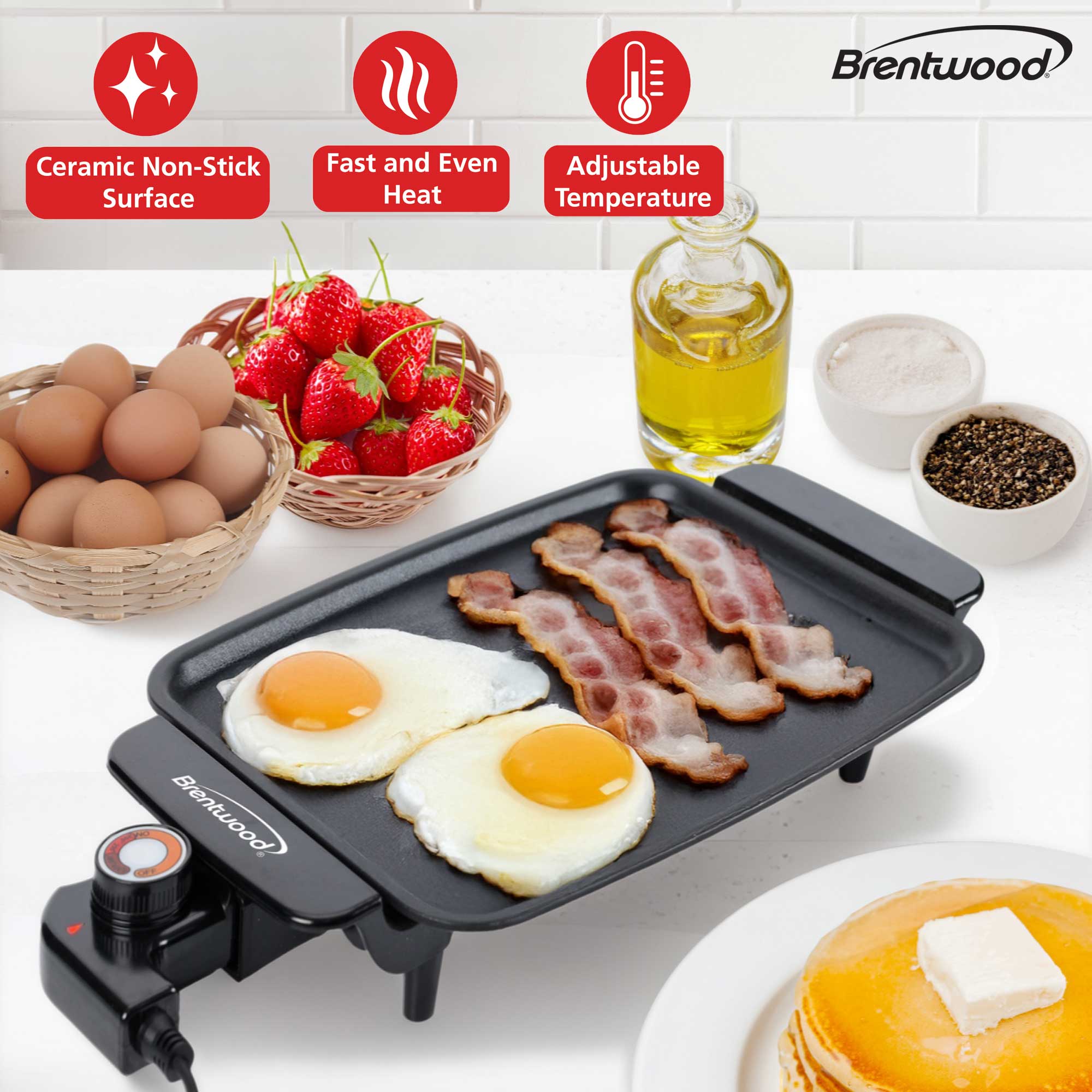 Brentwood TS-810 Electric Griddle with Ceramic Non-Stick, Adjustable Temperature, and Cool Touch Handles, 12 x 10 Inch, Black