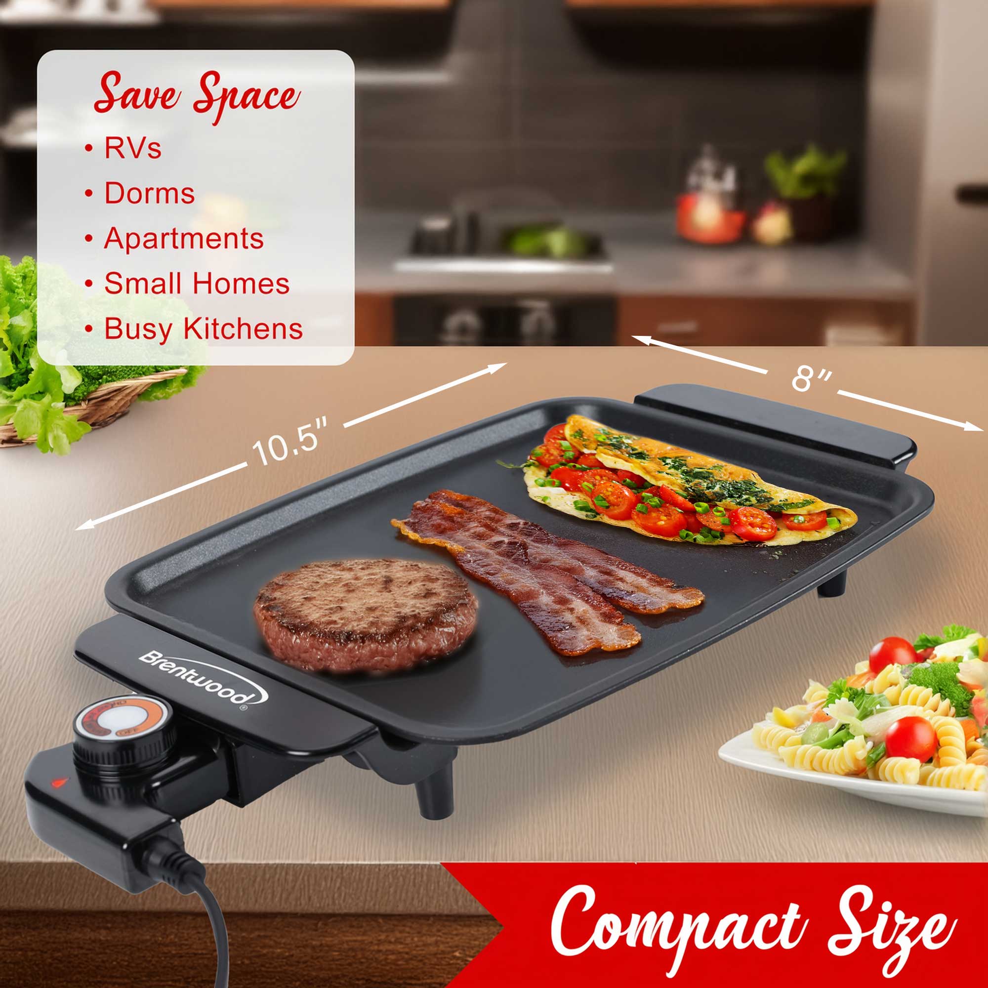 Brentwood TS-810 Electric Griddle with Ceramic Non-Stick, Adjustable Temperature, and Cool Touch Handles, 12 x 10 Inch, Black