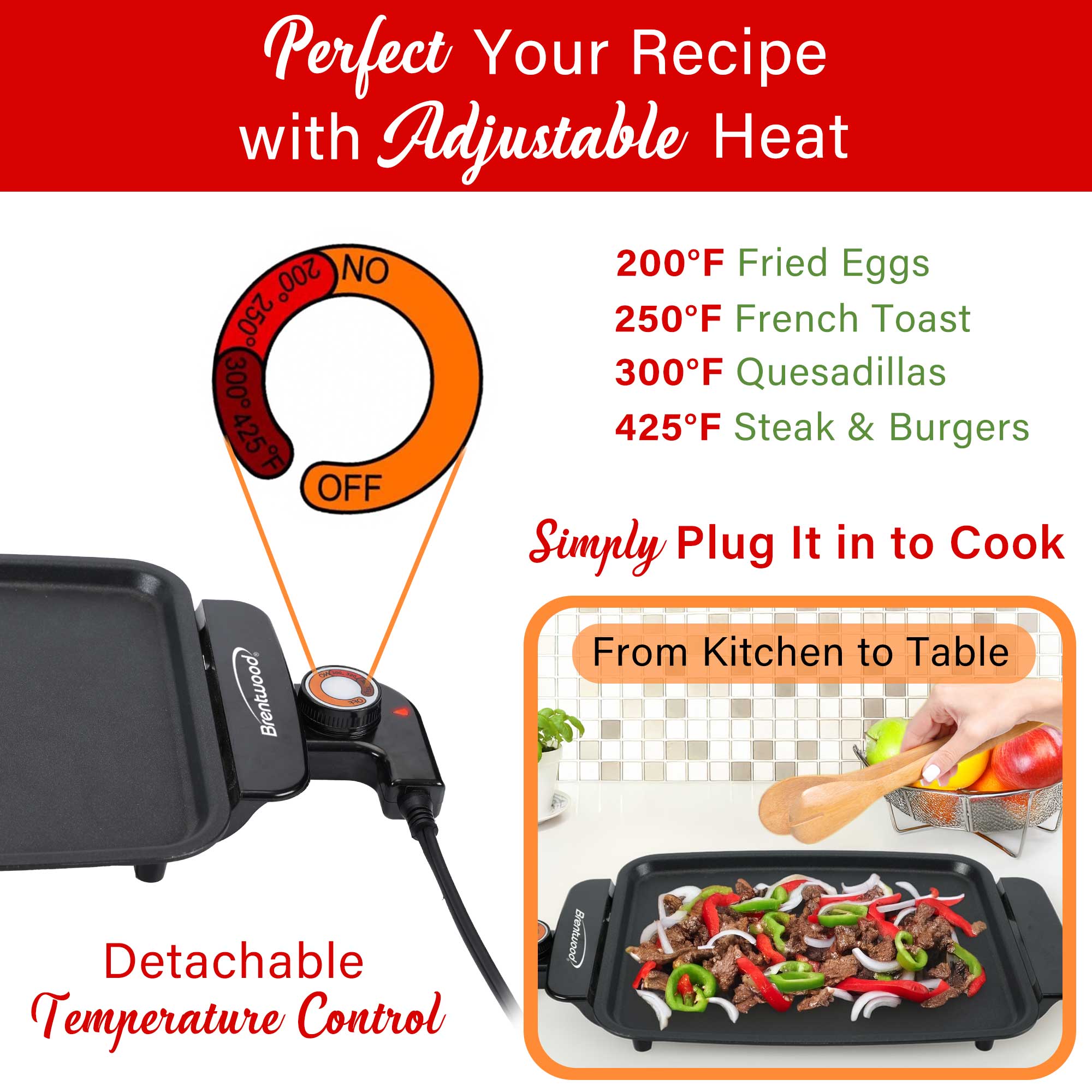 Brentwood TS-810 Electric Griddle with Ceramic Non-Stick, Adjustable Temperature, and Cool Touch Handles, 12 x 10 Inch, Black