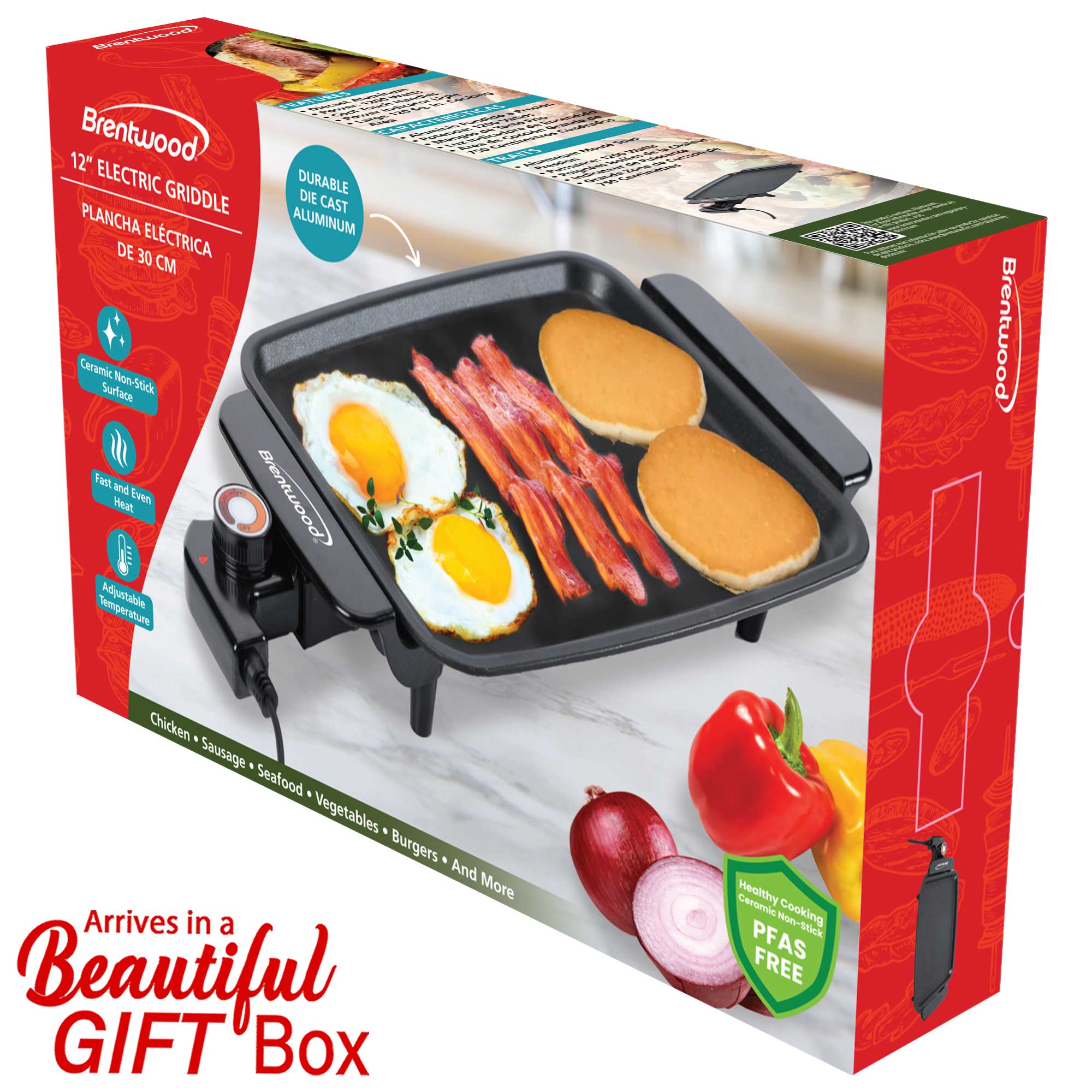 Brentwood TS-810 Electric Griddle with Ceramic Non-Stick, Adjustable Temperature, and Cool Touch Handles, 12 x 10 Inch, Black