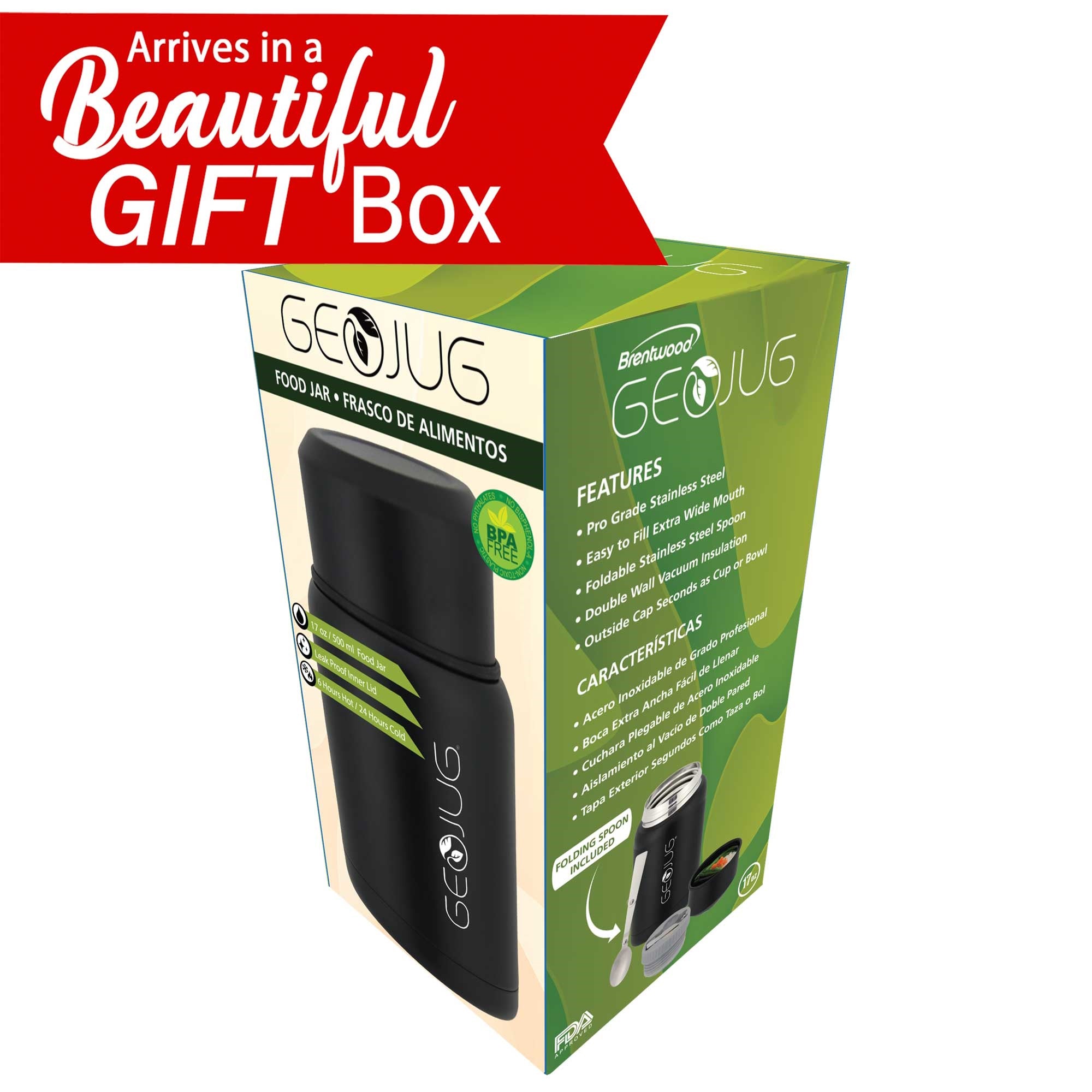 Brentwood GEOJUG FTS-500BK 17oz Vacuum Insulated Stainless Steel Food Jar with Bowl and Folding Spoon, Black