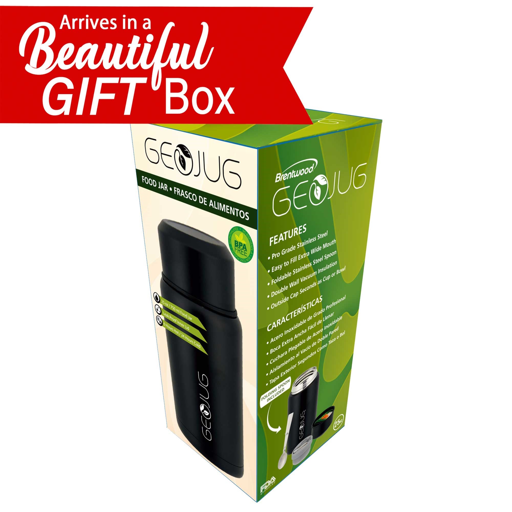 Brentwood GEOJUG FTS-750BK 25oz Vacuum Insulated Stainless Steel Food Jar with Bowl and Folding Spoon, Black