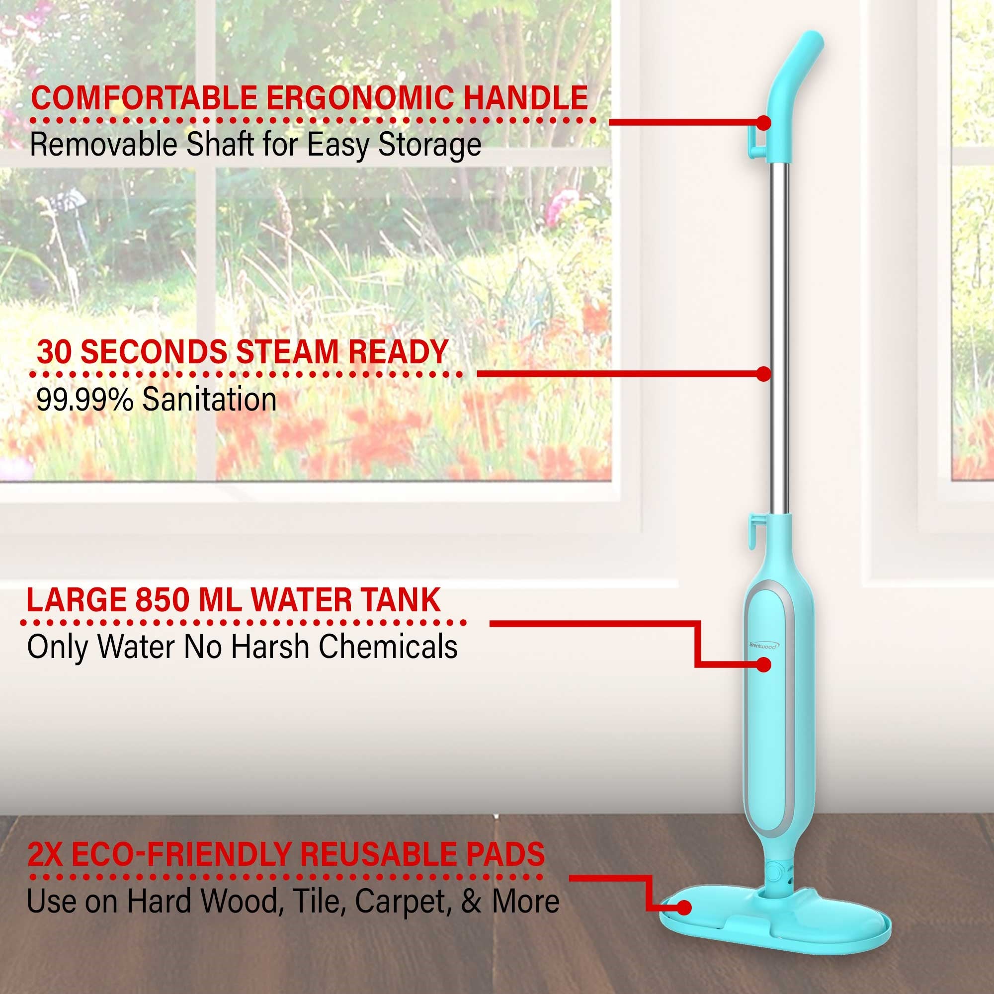 Brentwood STM-4000BL 1100w Steam Mop Hard Floor Steamer Tile and Wood Cleaner, Blue