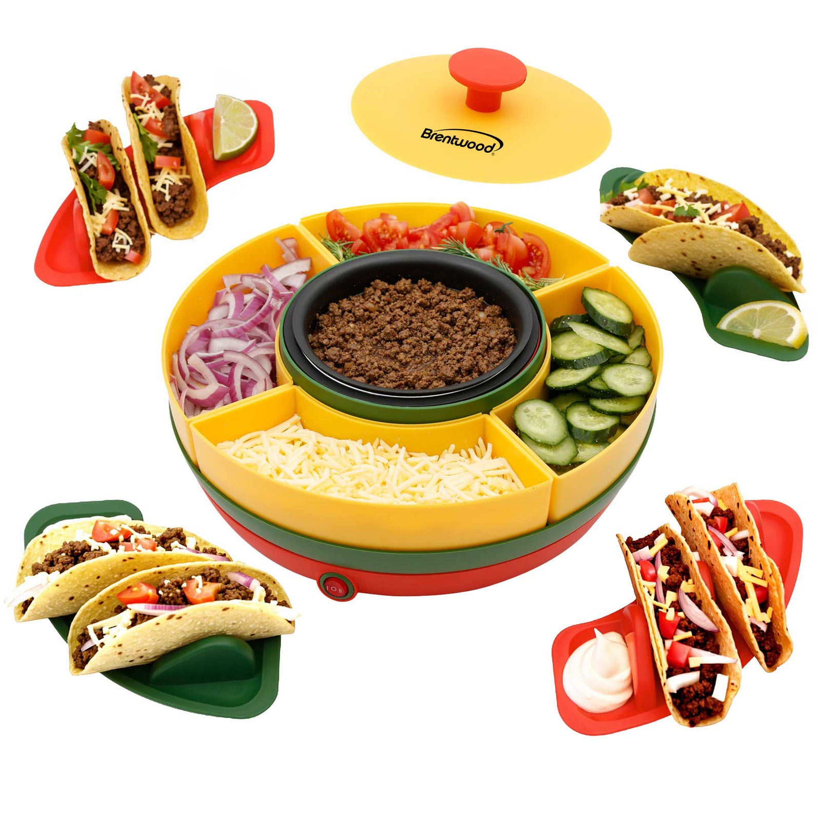 Brentwood TS-607MC Brentwood Heated Taco Bar Serving Set, 4 Taco Holders, 20oz Warming Pot, 6 Filling Trays, Spinning Lazy Susan for Sharing