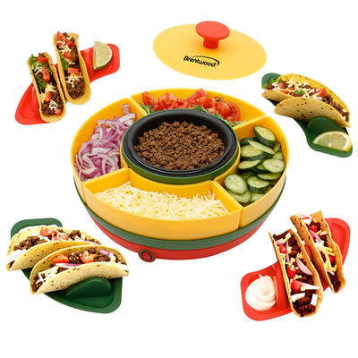 Brentwood TS-607MC Brentwood Heated Taco Bar Serving Set, 4 Taco Holders, 20oz Warming Pot, 6 Filling Trays, Spinning Lazy Susan for Sharing