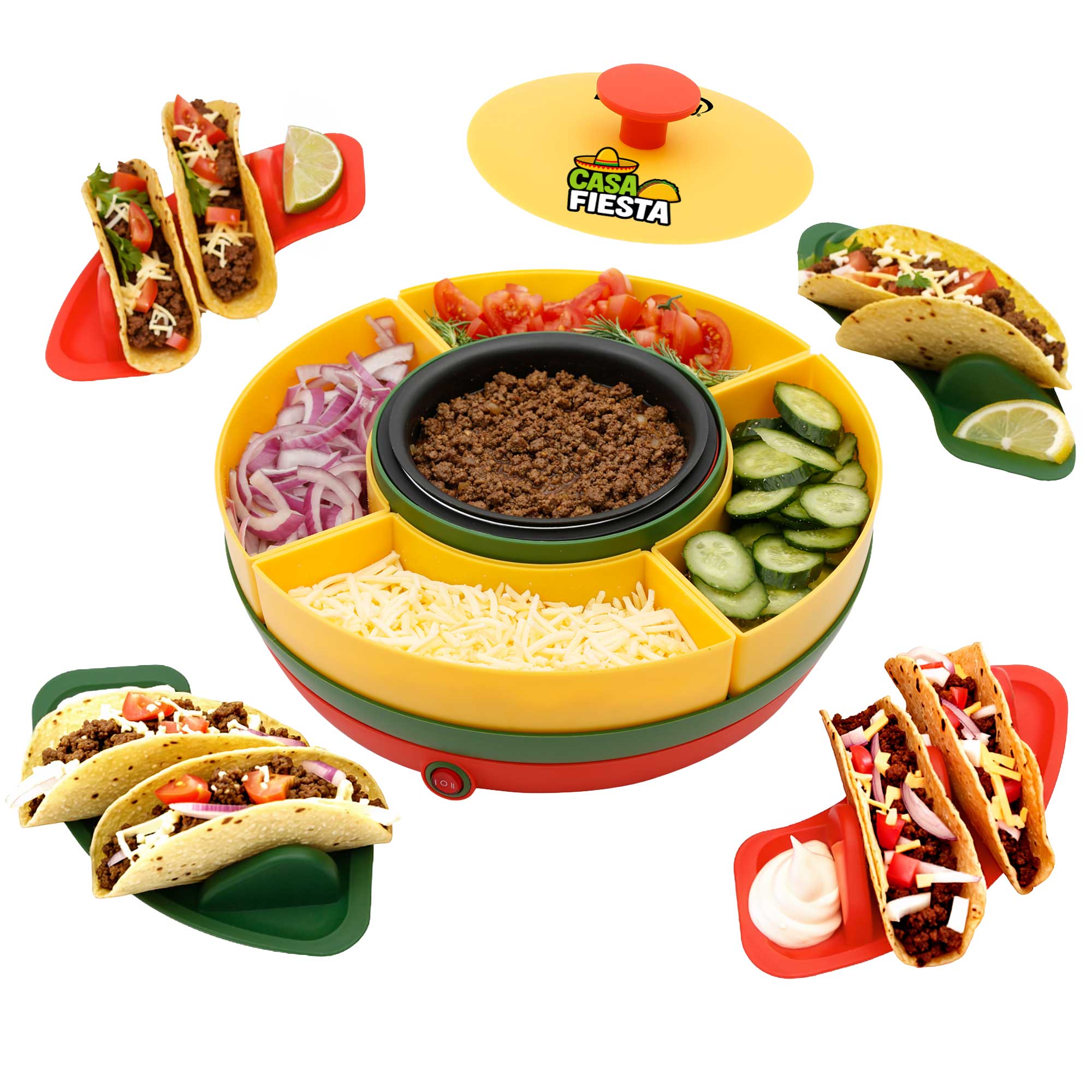 Brentwood TS-607MC Brentwood Heated Taco Bar Serving Set, 4 Taco Holders, 20oz Warming Pot, 6 Filling Trays, Spinning Lazy Susan for Sharing