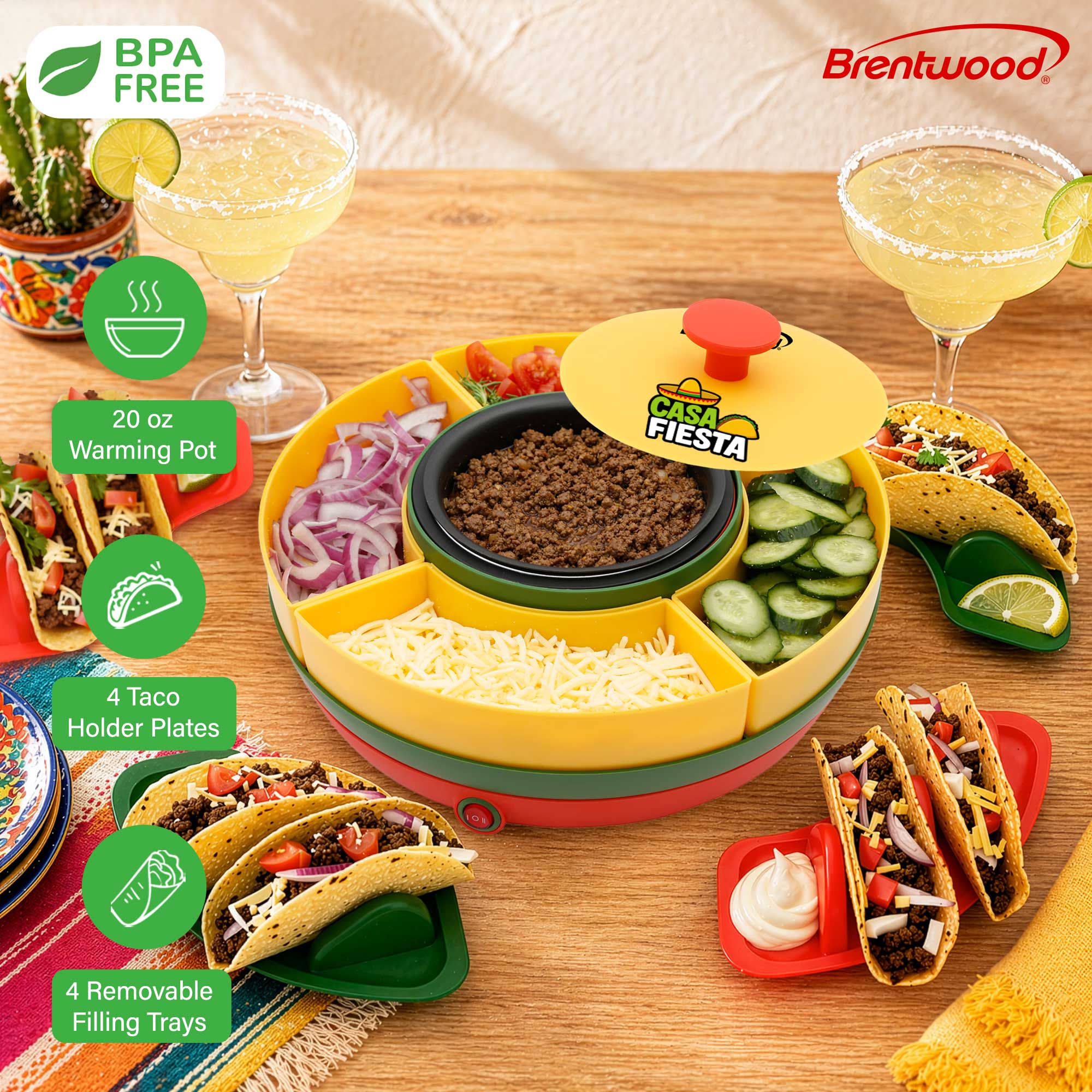 Brentwood TS-607MC Brentwood Heated Taco Bar Serving Set, 4 Taco Holders, 20oz Warming Pot, 6 Filling Trays, Spinning Lazy Susan for Sharing