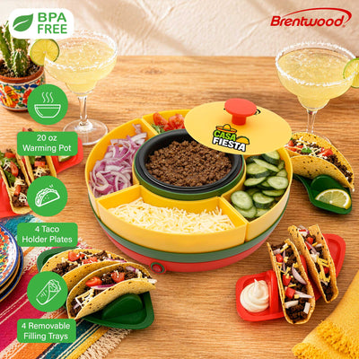 Brentwood TS-607MC Brentwood Heated Taco Bar Serving Set, 4 Taco Holders, 20oz Warming Pot, 6 Filling Trays, Spinning Lazy Susan for Sharing