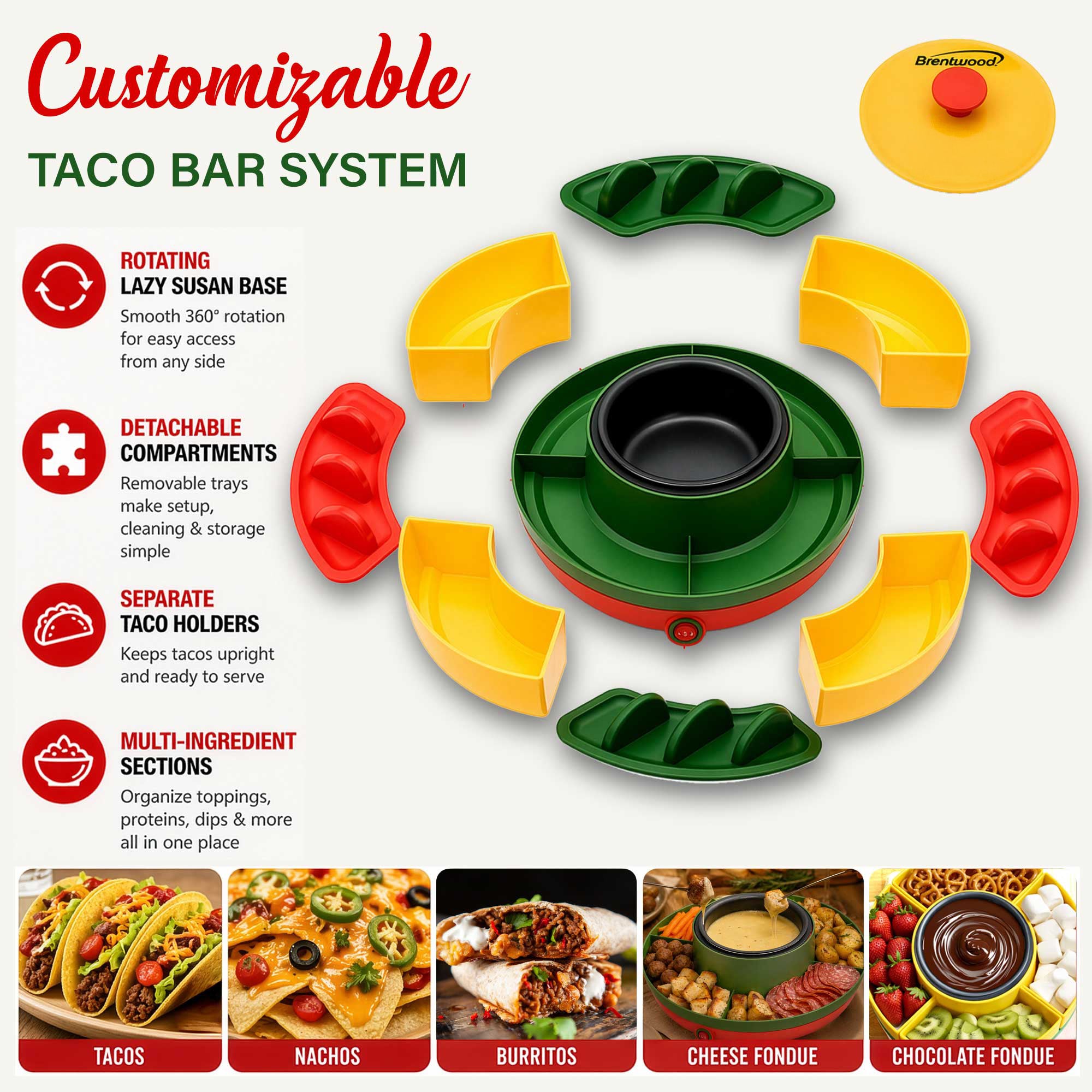 Brentwood TS-607MC Brentwood Heated Taco Bar Serving Set, 4 Taco Holders, 20oz Warming Pot, 6 Filling Trays, Spinning Lazy Susan for Sharing