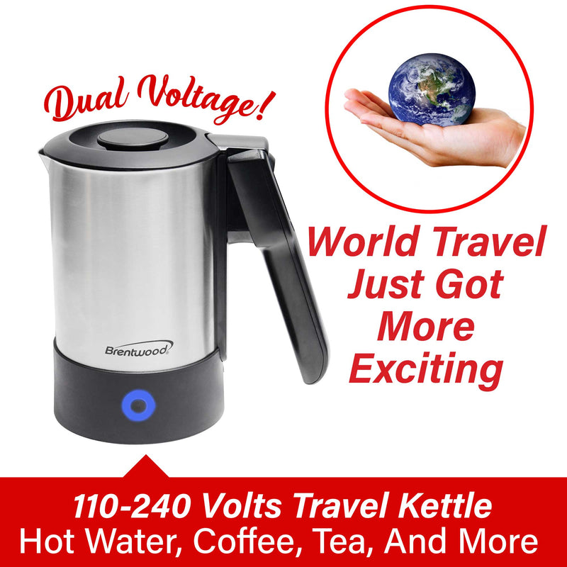 Brentwood KT-1506S 20 Ounce Dual Voltage 110-240v Stainless Steel Electric Travel Kettle