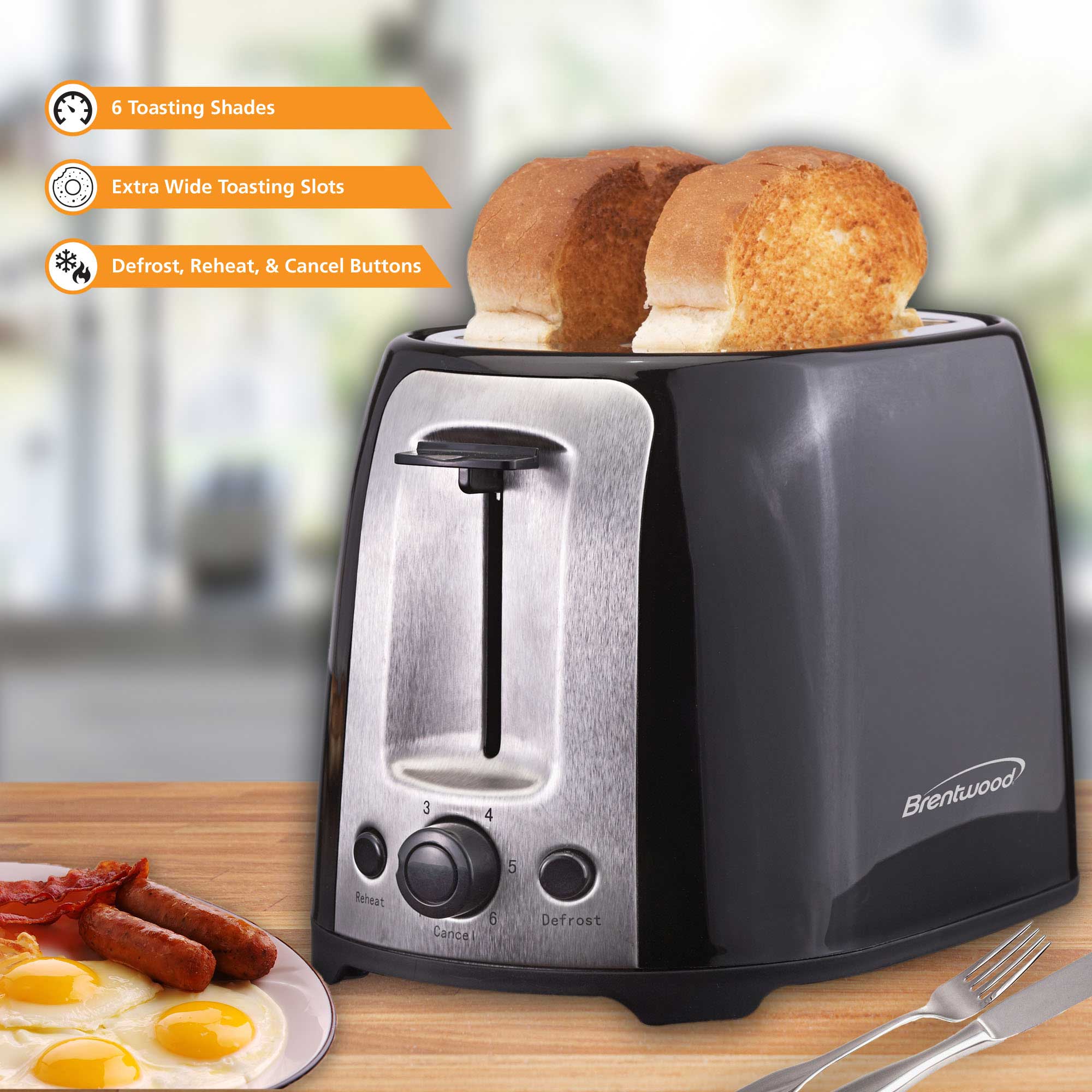 Brentwood TS-292B Cool Touch 2-Slice Extra Wide Slot Toaster, Black