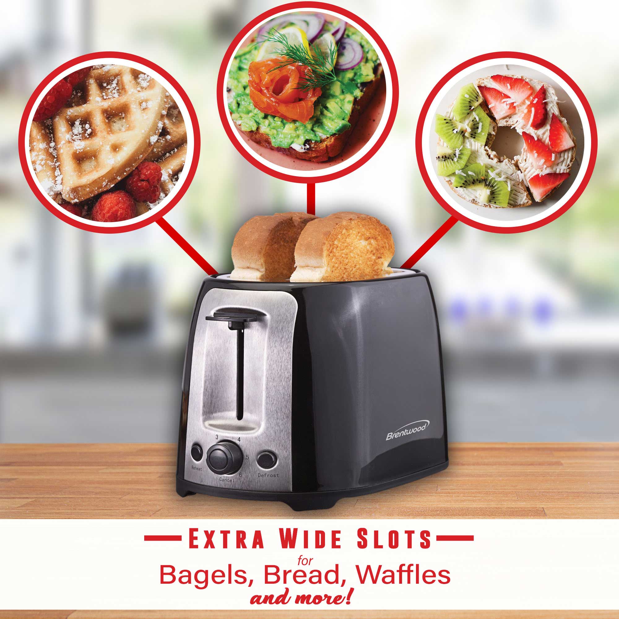 Brentwood TS-292B Cool Touch 2-Slice Extra Wide Slot Toaster, Black