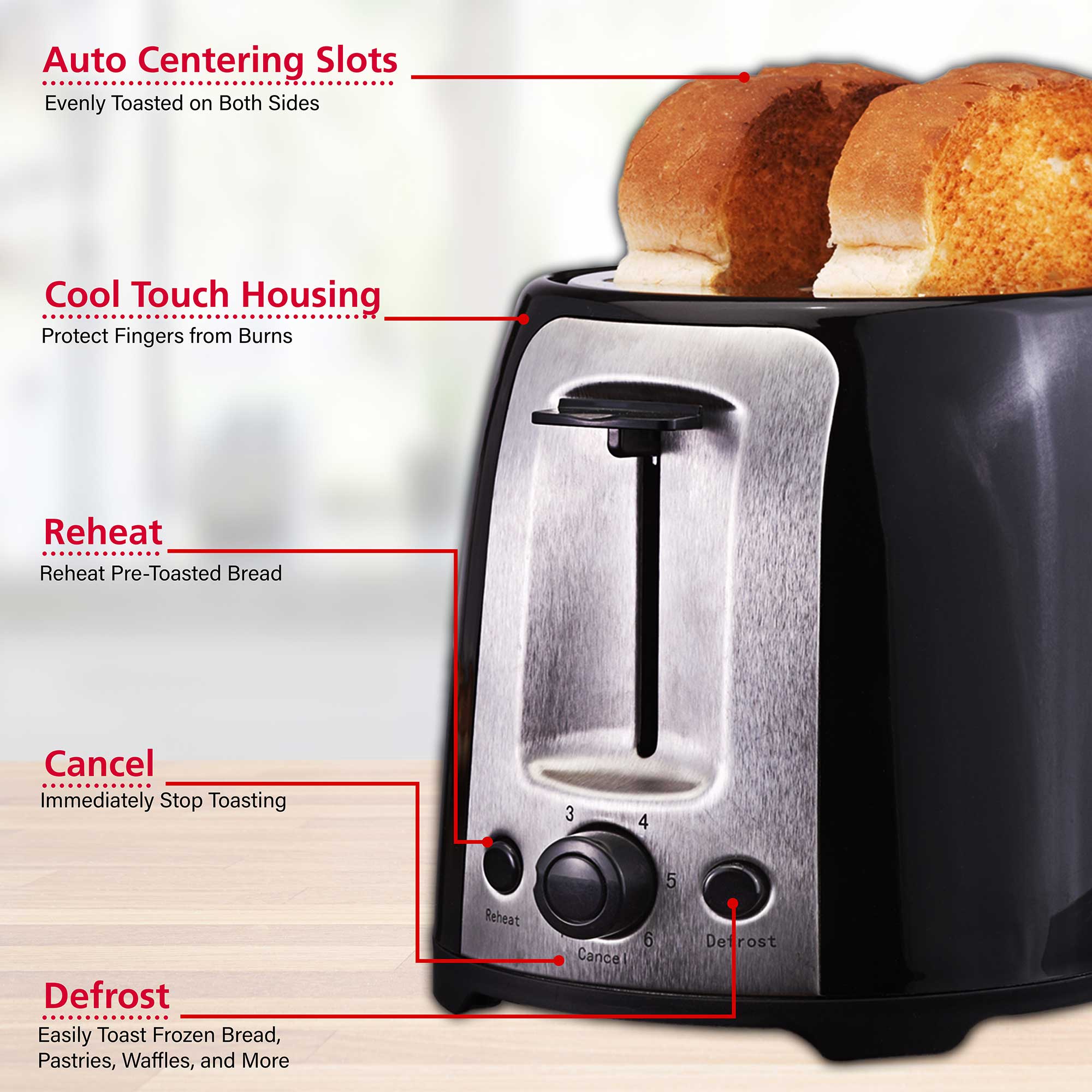 Brentwood TS-292B Cool Touch 2-Slice Extra Wide Slot Toaster, Black