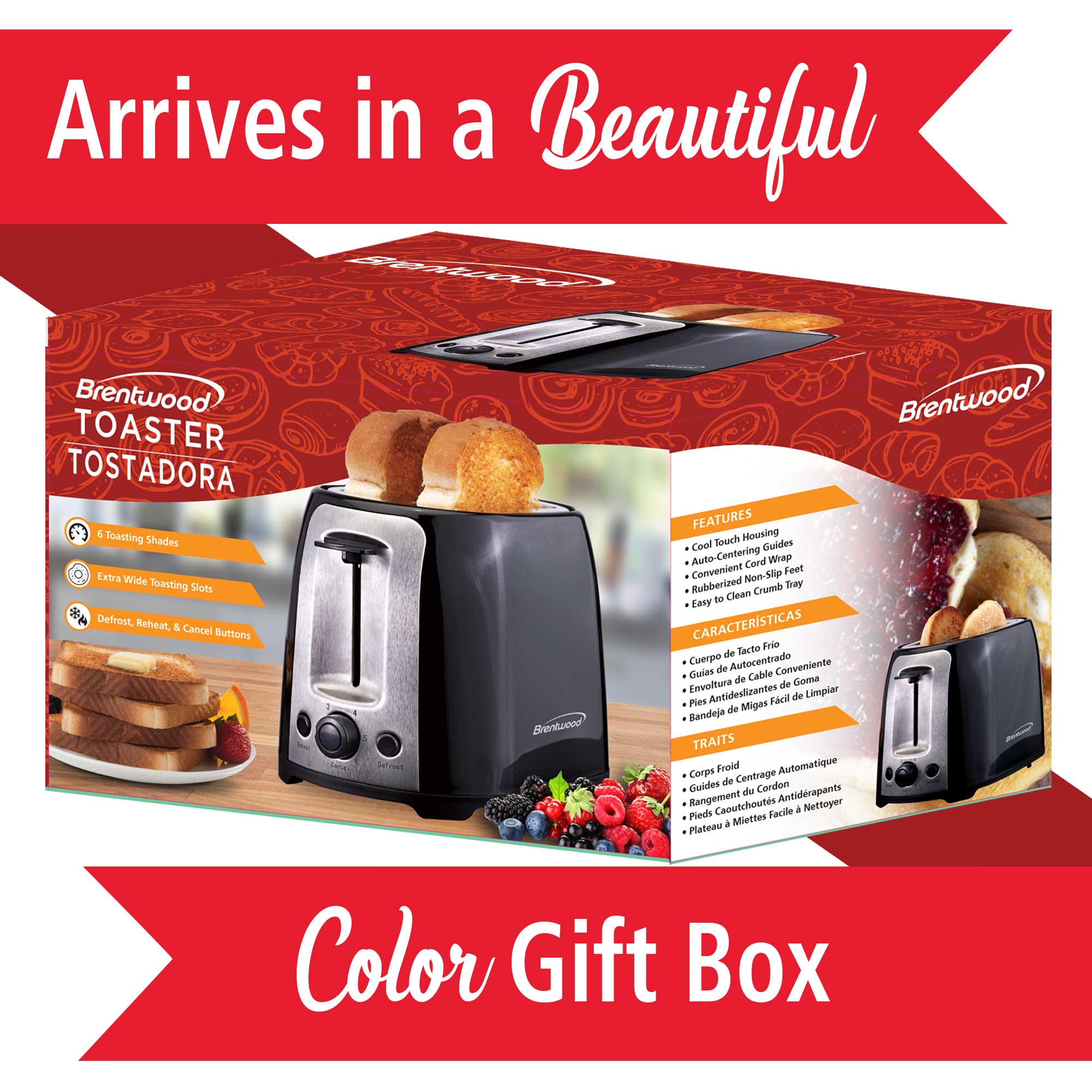 Brentwood TS-292B Cool Touch 2-Slice Extra Wide Slot Toaster, Black
