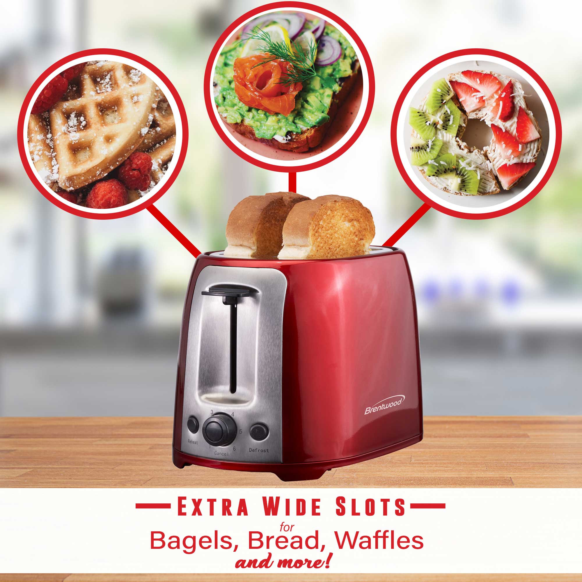 Brentwood TS-292R Cool Touch 2-Slice Extra Wide Slot Toaster, Red