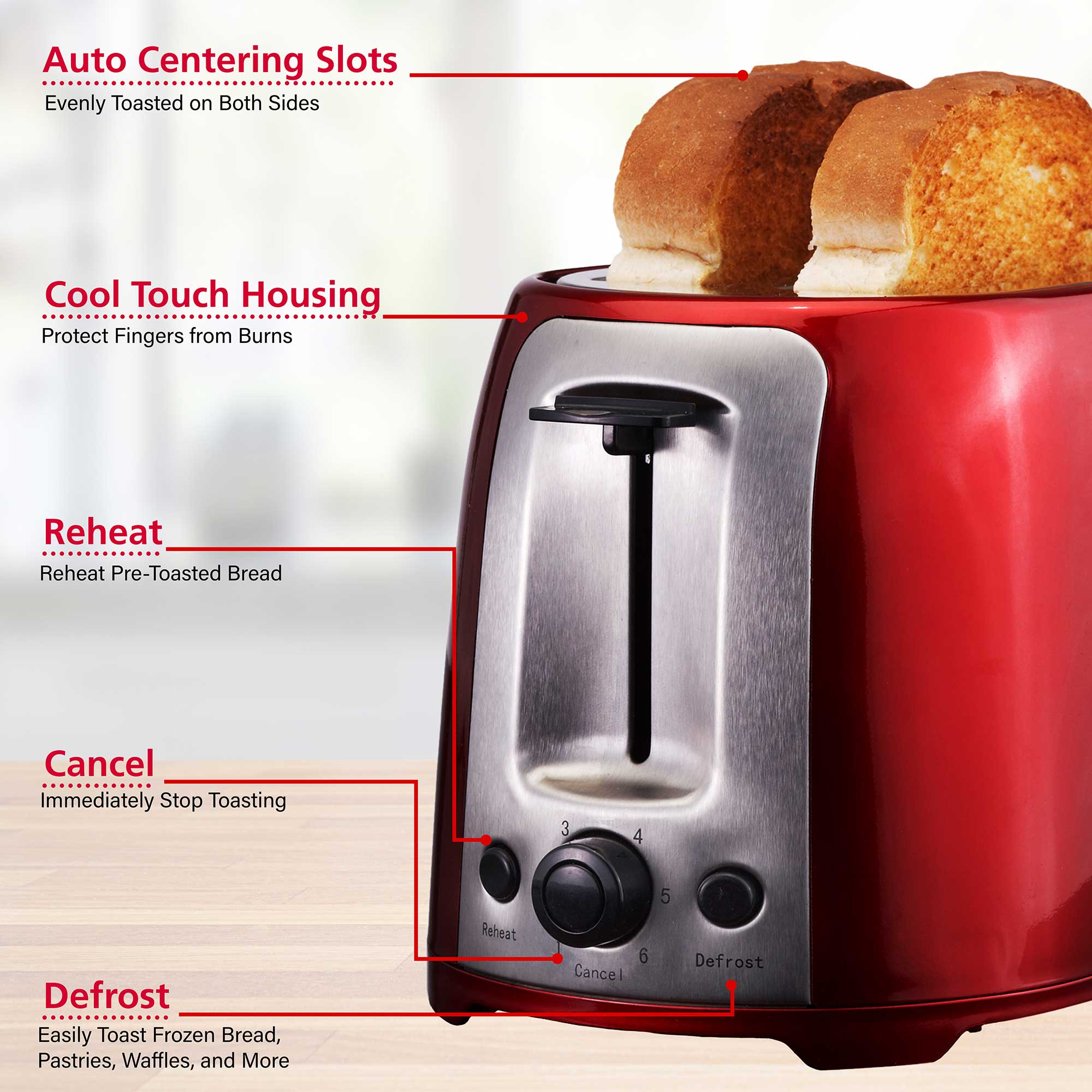 Brentwood TS-292R Cool Touch 2-Slice Extra Wide Slot Toaster, Red