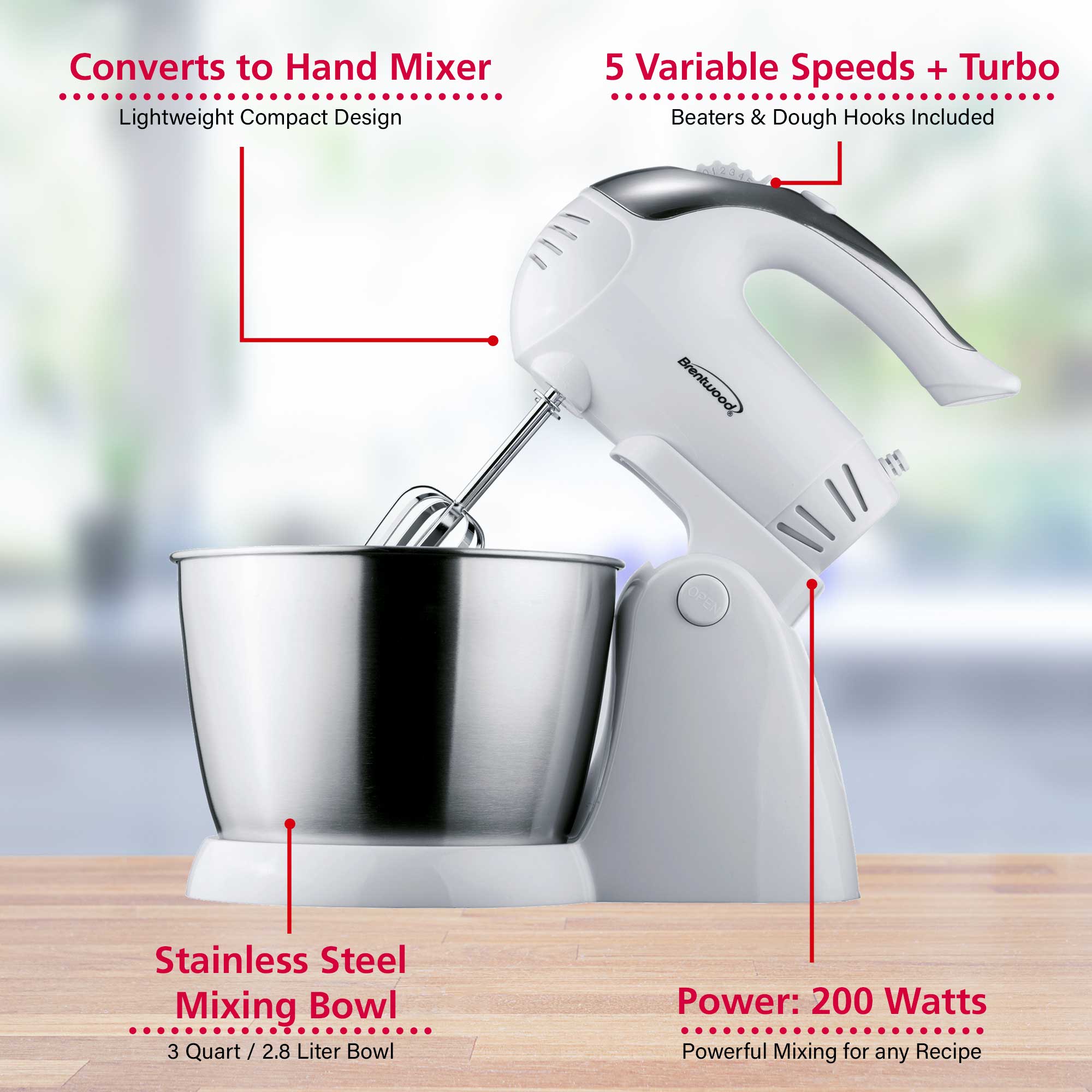 Brentwood SM-1152 5-Speed + Turbo Stand Mixer, White - Brentwood