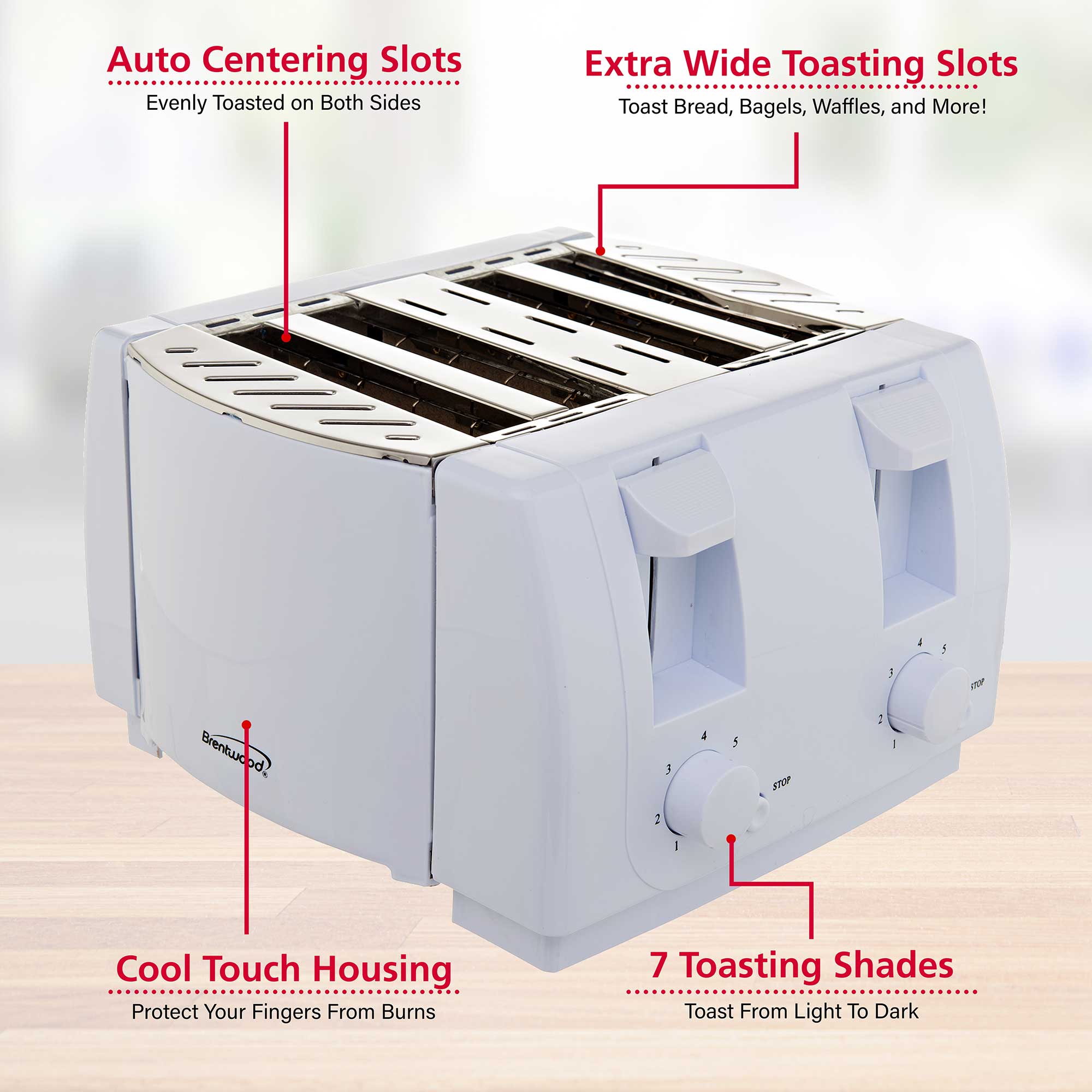 Brentwood TS-265 Cool Touch 4 Slice Toaster, White
