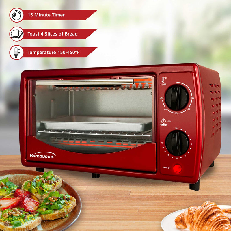 Brentwood TS-345R Stainless Steel 4 Slice Toaster Oven, Ruby Red