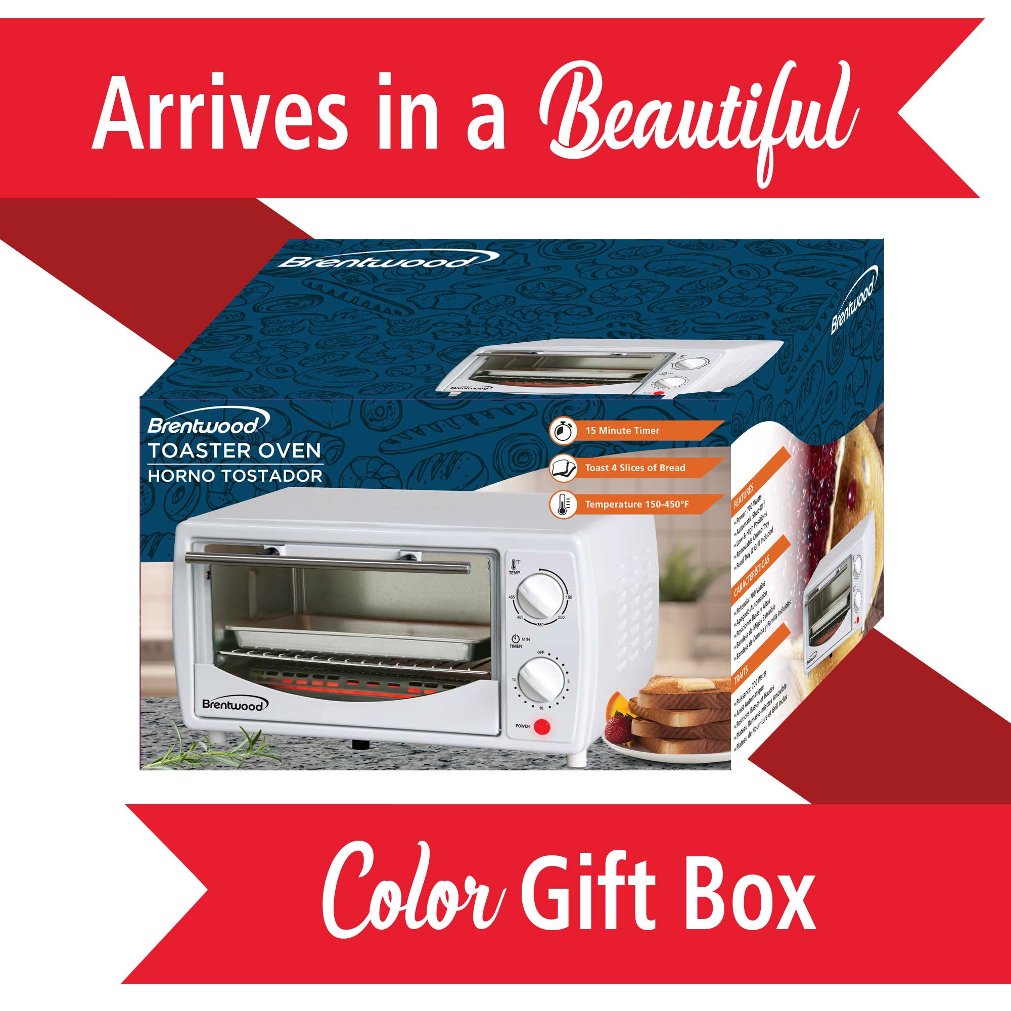 Brentwood TS-345W Stainless Steel 4 Slice Toaster Oven, White