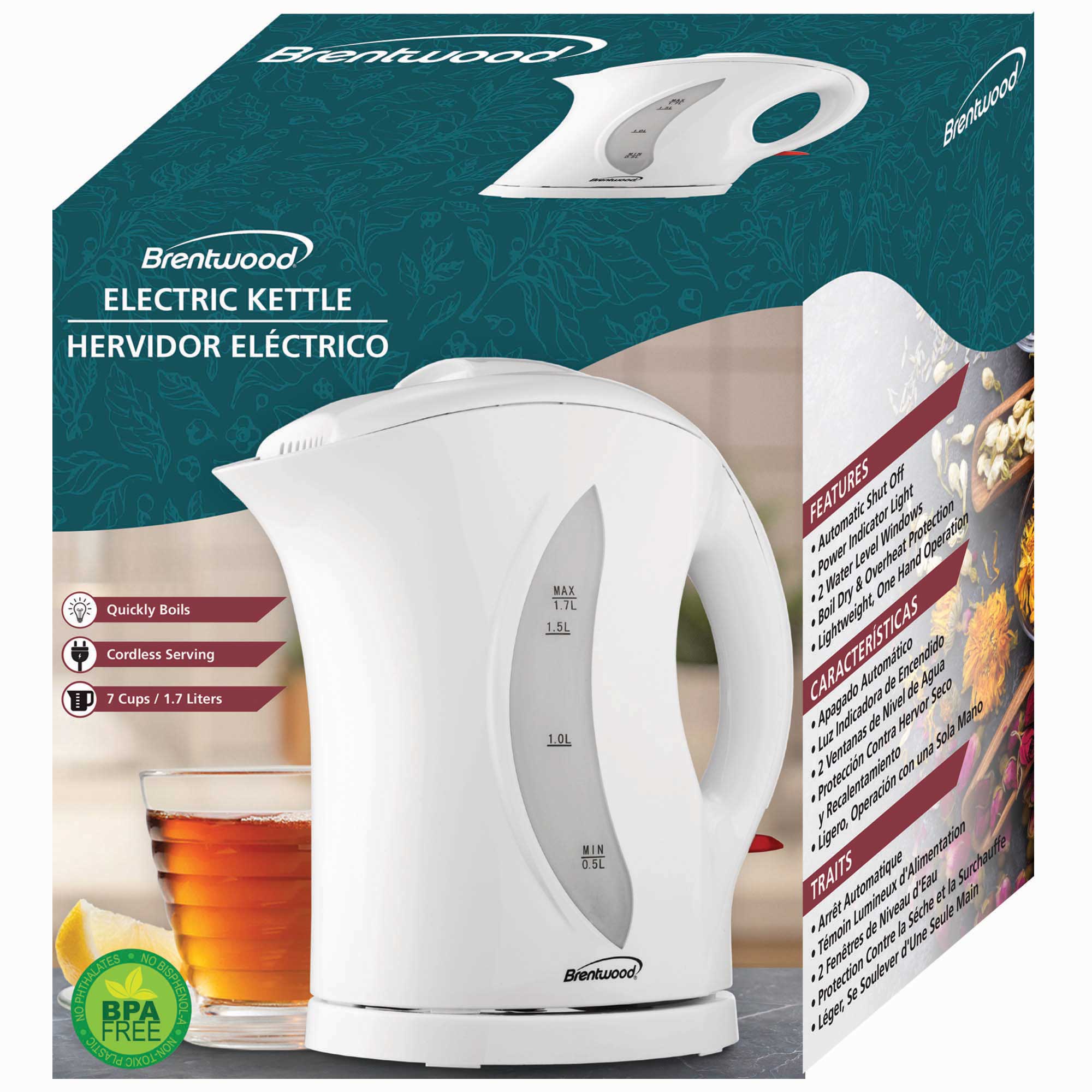 Brentwood Kt 1617 Bpa Free 1 7 Liter Cordless Electric Kettle White Brentwood Appliances