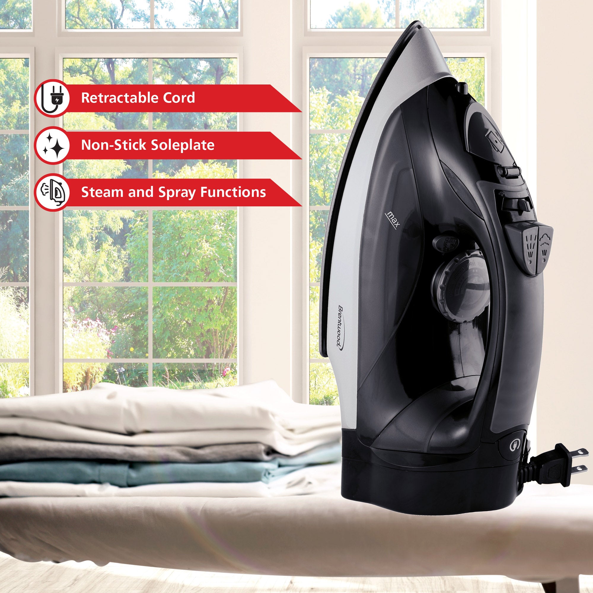 Brentwood MPI-59BK Non-Stick Steam Iron with Retractable Cord, Black