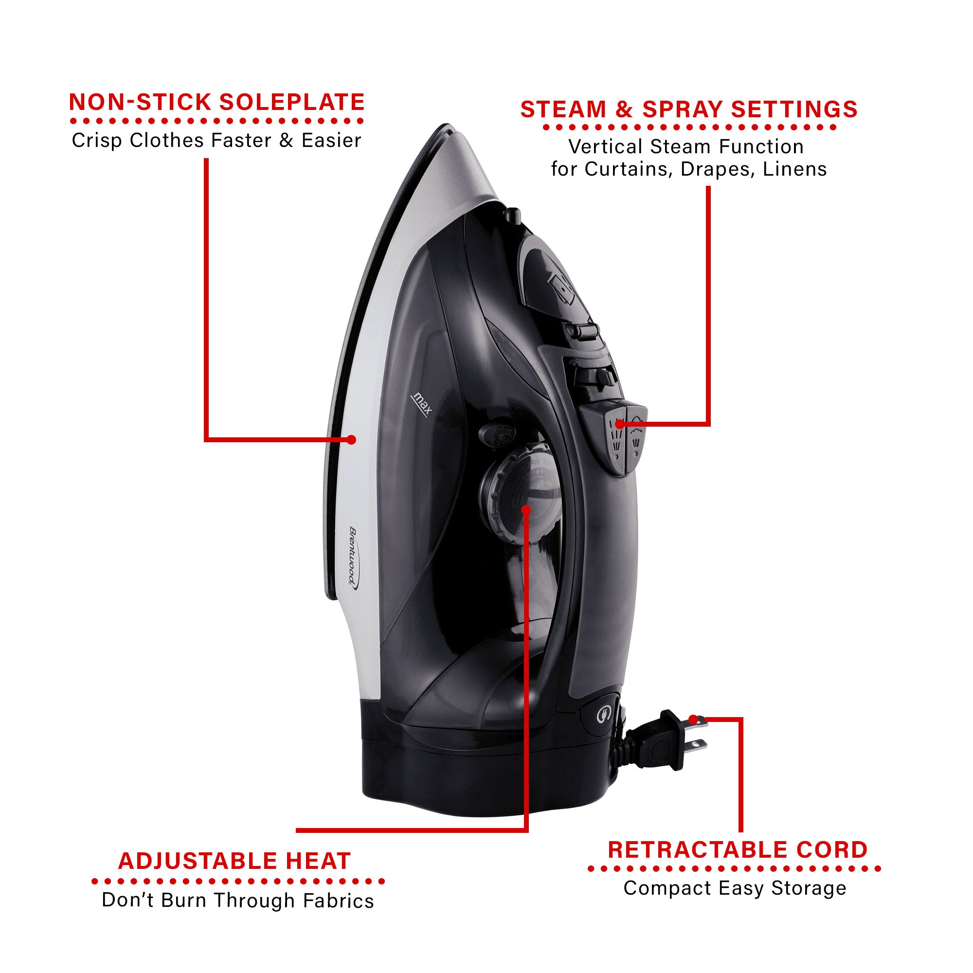 Brentwood MPI-59BK Non-Stick Steam Iron with Retractable Cord, Black