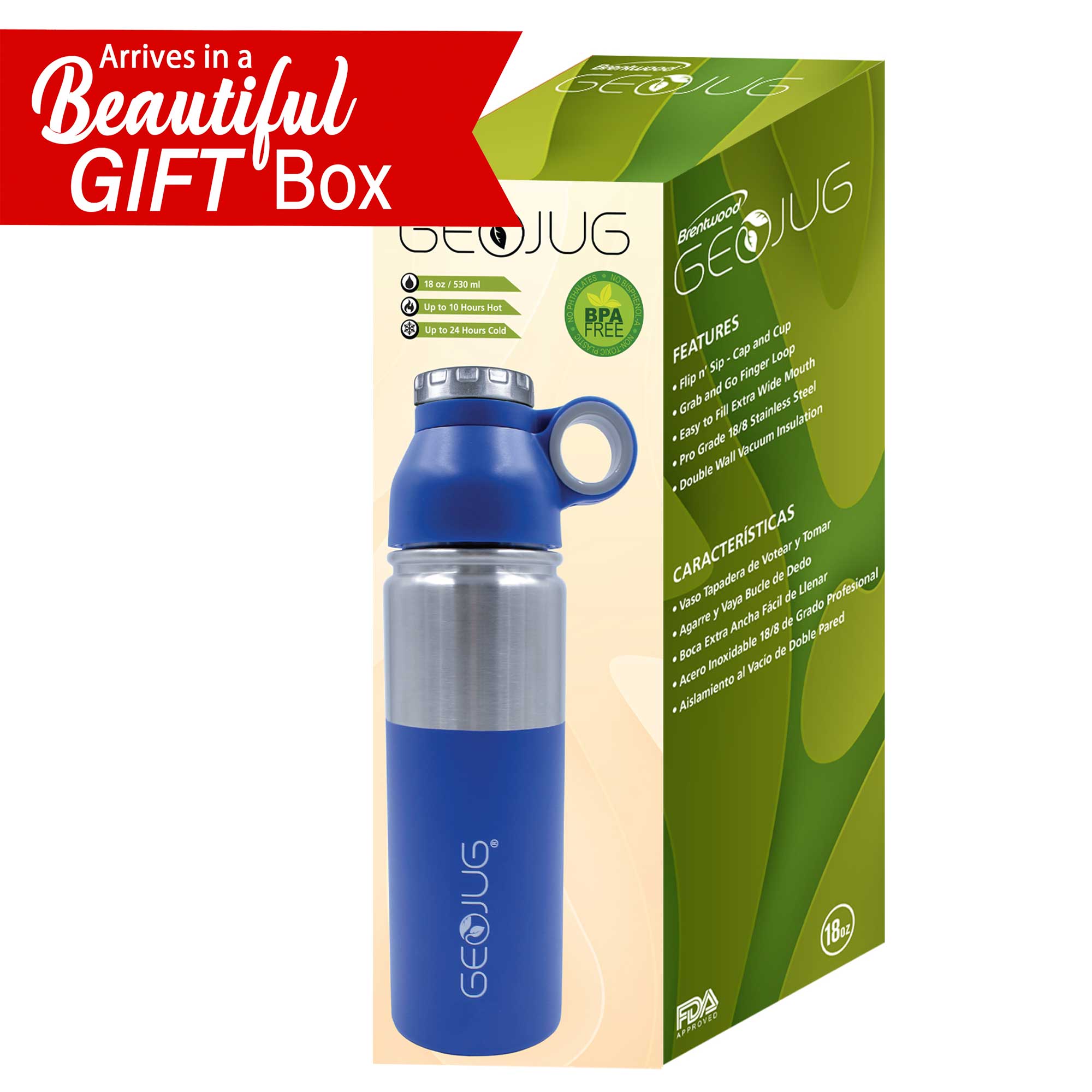 Brentwood GeoJug G-1018BL 18oz Stainless Steel Vacuum Insulated Water Bottle, Blue