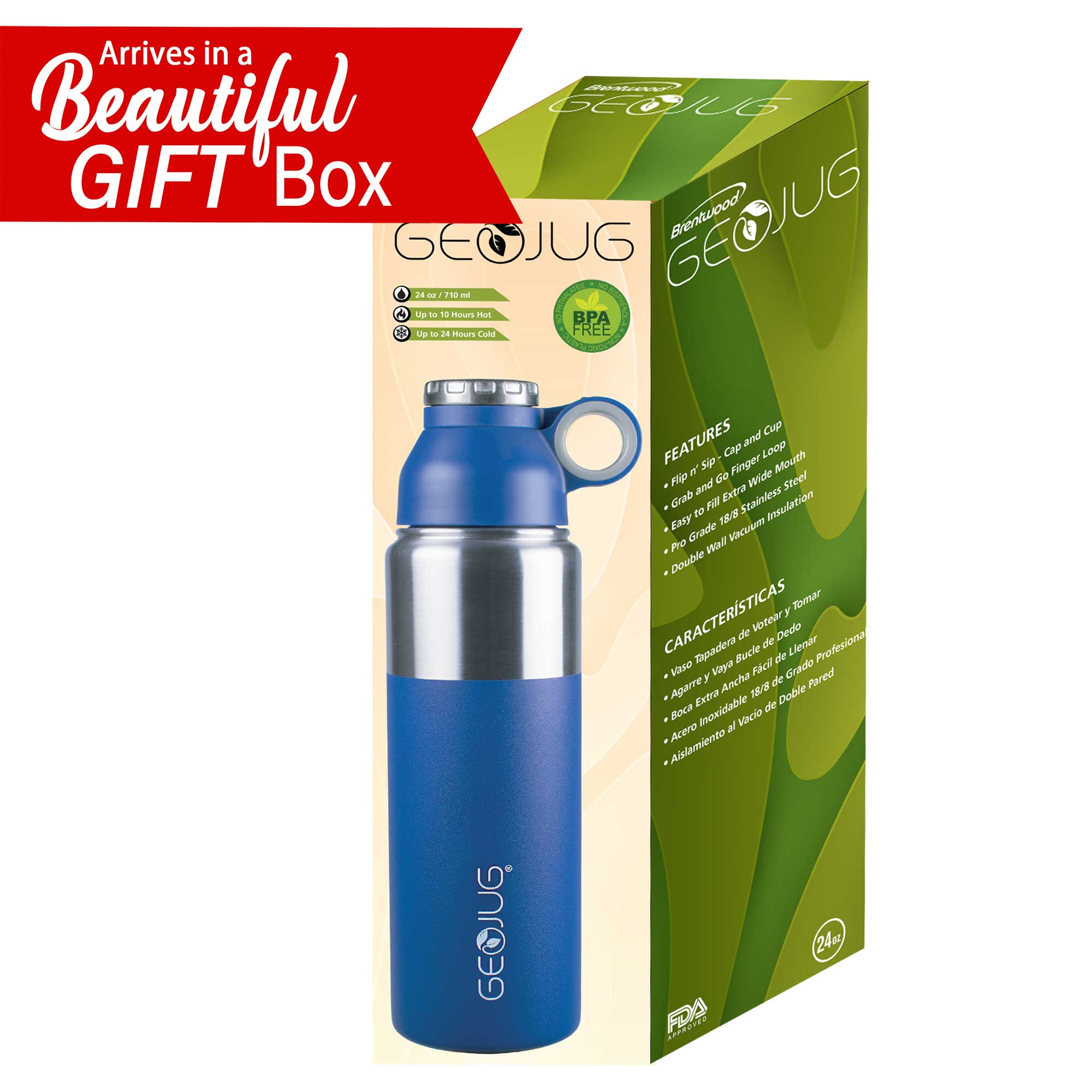 Brentwood GeoJug G-1024BL 24oz Stainless Steel Vacuum Insulated Water Bottle, Blue