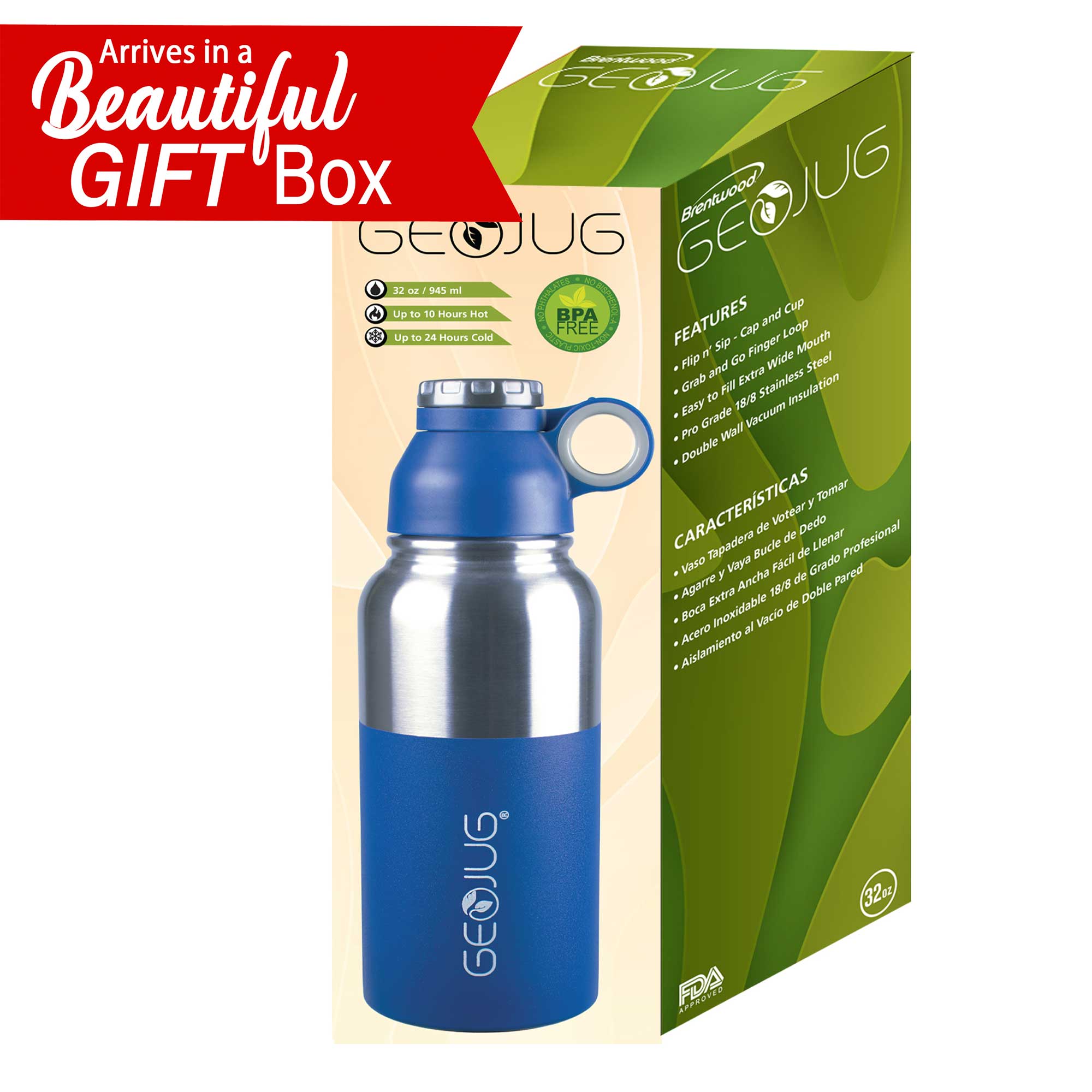 Brentwood GeoJug G-1032BL 32oz Stainless Steel Vacuum Insulated Water Bottle, Blue