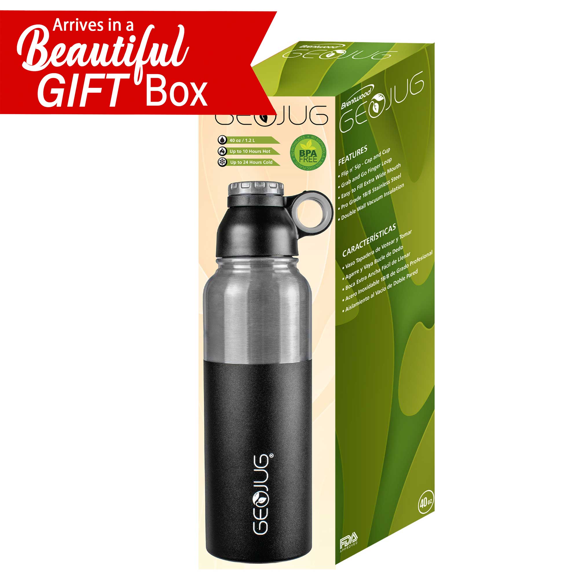 Brentwood GeoJug G-1040BK 40oz Stainless Steel Vacuum Insulated Water Bottle, Black