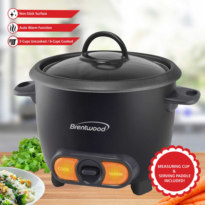 Brentwood TS-506BK 3-Cup Uncooked/6-Cup Cooked Rice Cooker, Black