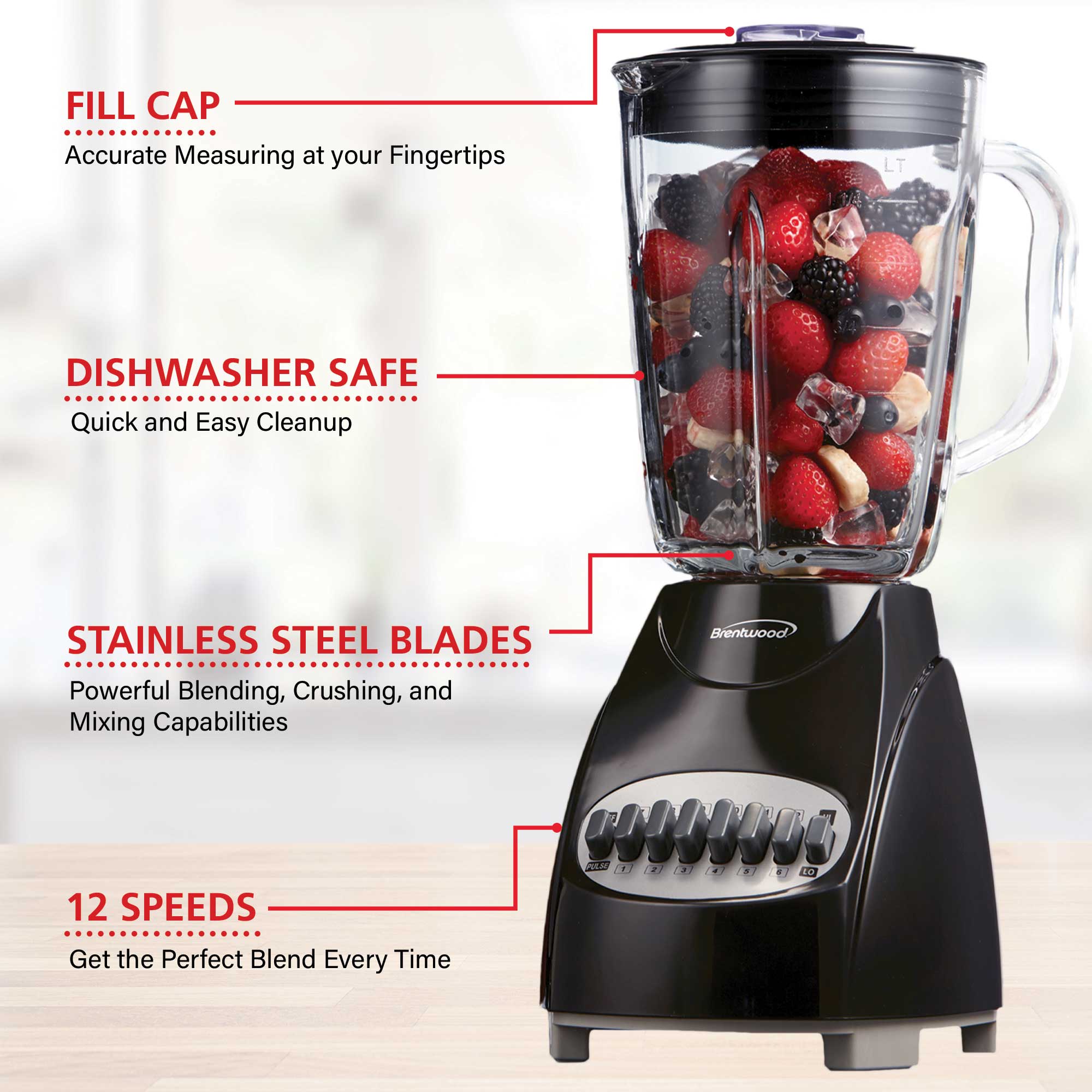 Brentwood JB-920B 12-Speed + Pulse Blender with Glass Jar, Black