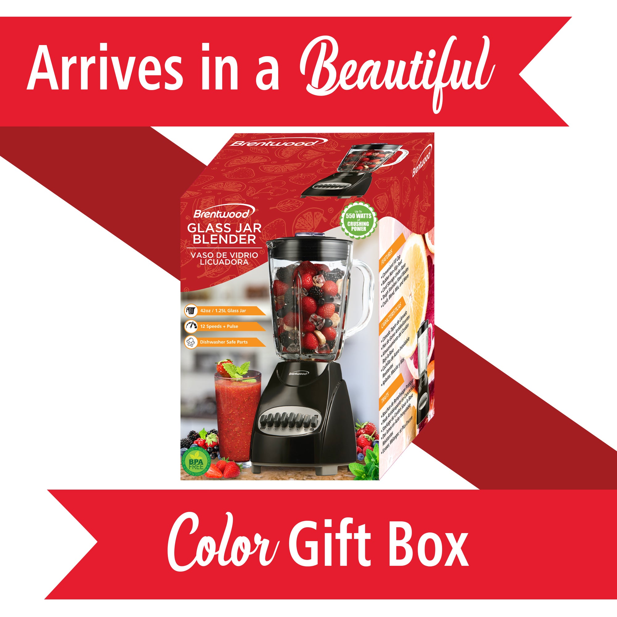 Brentwood JB-920B 12-Speed + Pulse Blender with Glass Jar, Black