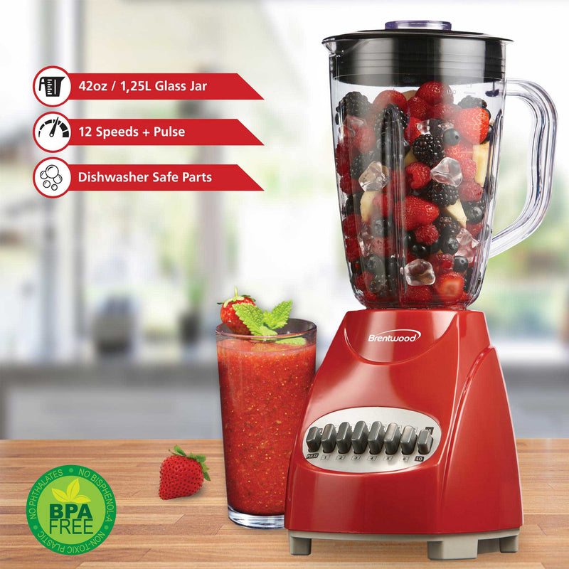 Brentwood JB-920R 12-Speed + Pulse Blender with Glass Jar, Red